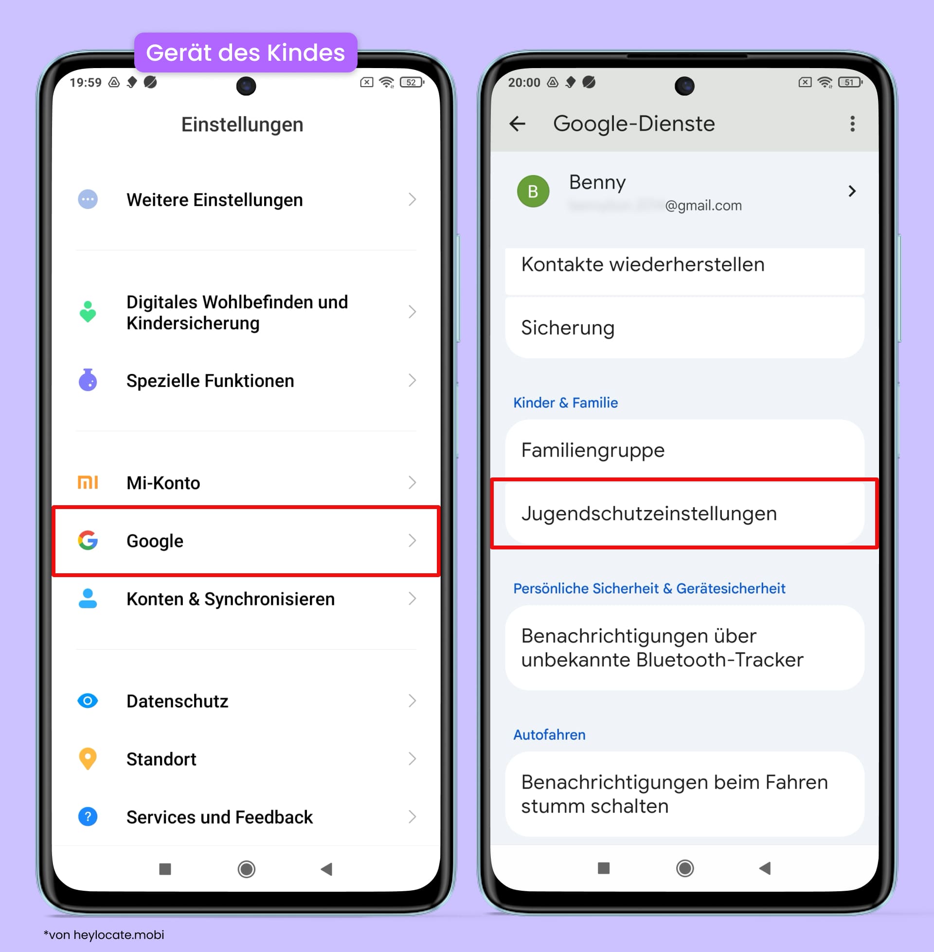 Einrichtung der elterlichen Kontrolle in den Google-Einstellungen auf dem Android-Gerät des Kindes.