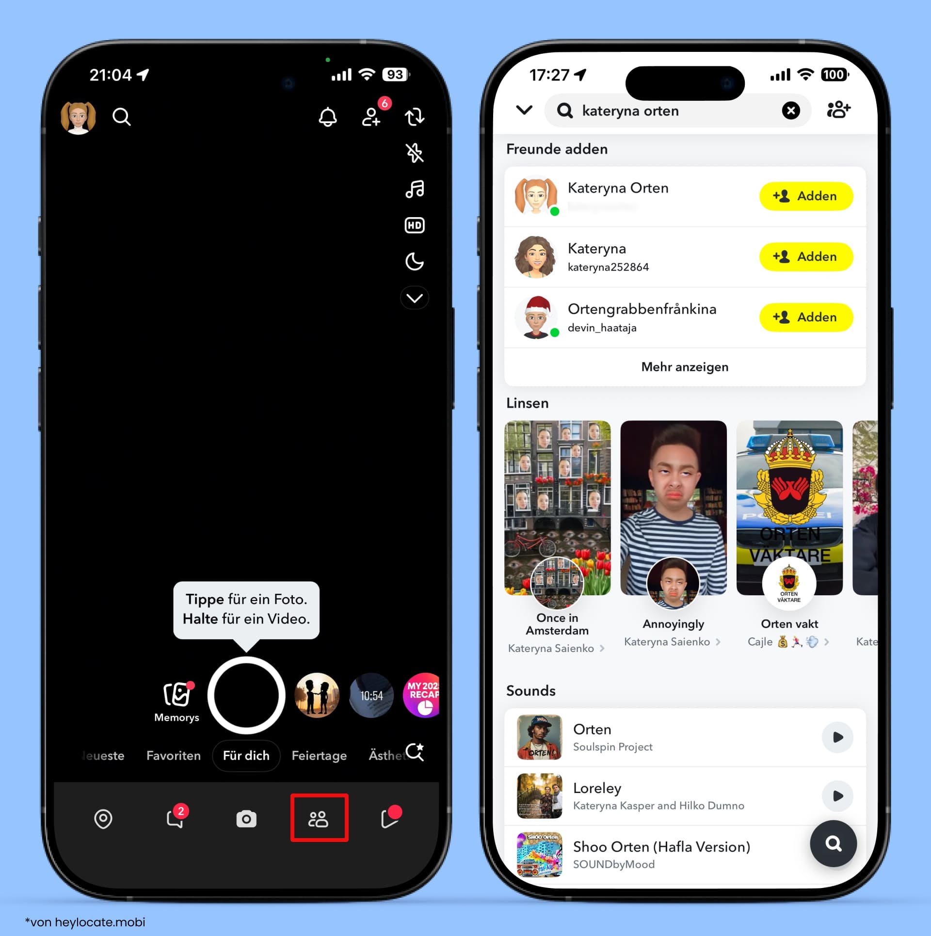 Snapchat-Bildschirme mit Benutzersuche und einer Schaltfläche Hinzufügen, um ein Kind zur Freundesliste hinzuzufügen.