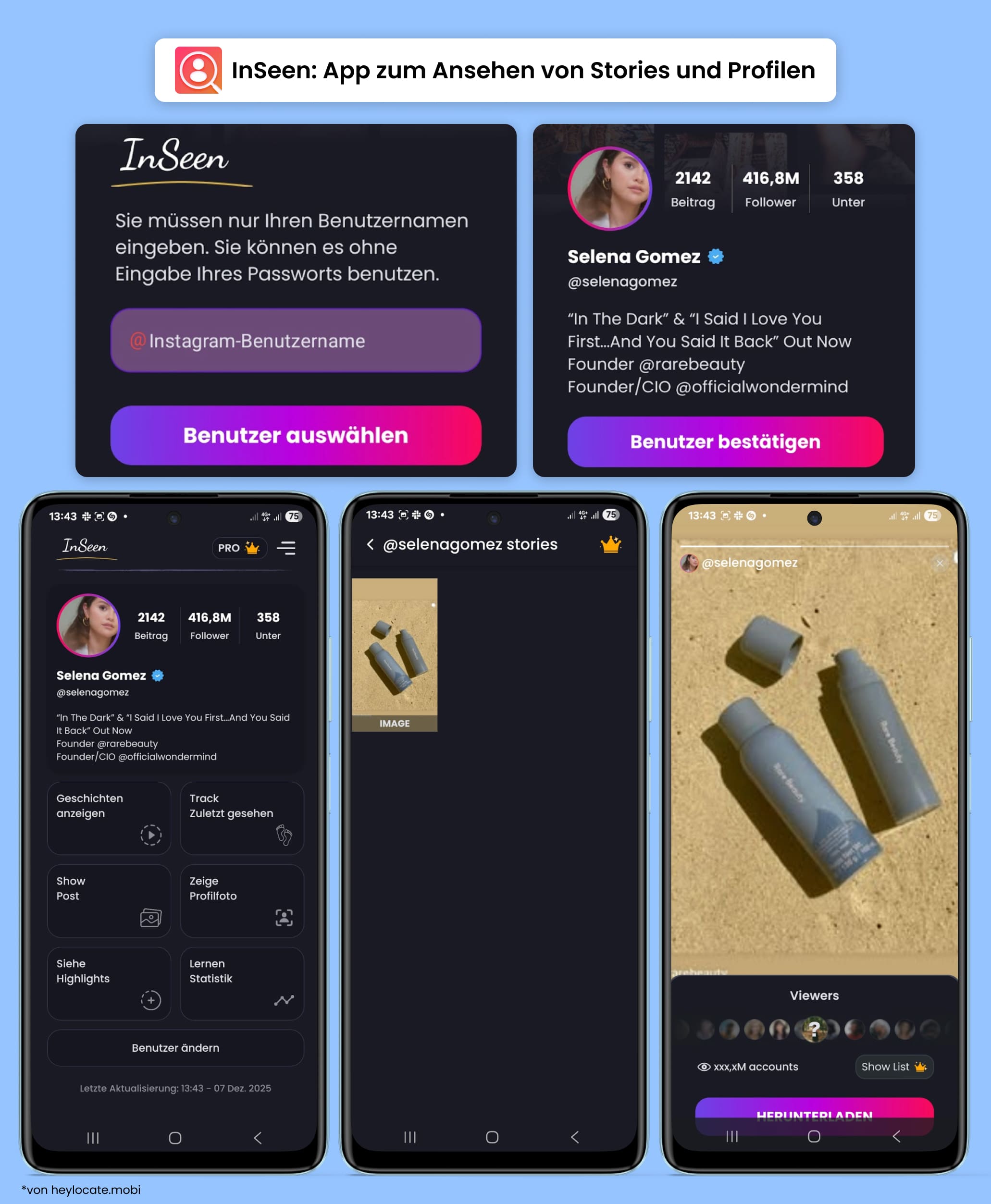 InSeen-App-Oberfläche mit Nutzernameneingabe, Profilansicht, Stories und Instagram-Statistiken.