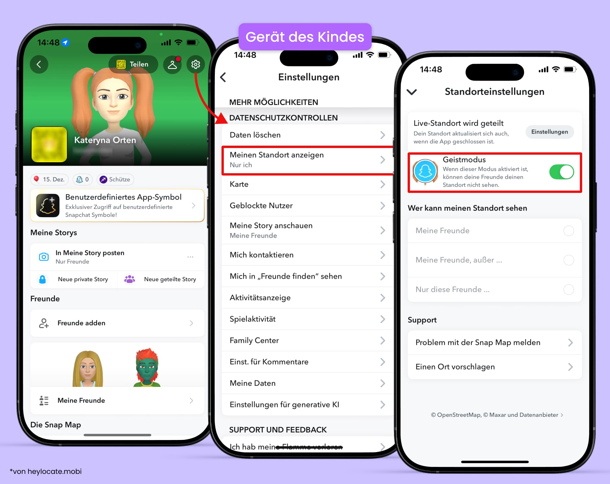 Öffnen Sie das Profil in Snapchat, gehen Sie zu Einstellungen, dann zu Datenschutzkontrollen, Meinen Standort anzeigen und aktivieren Sie den Geistermodus.