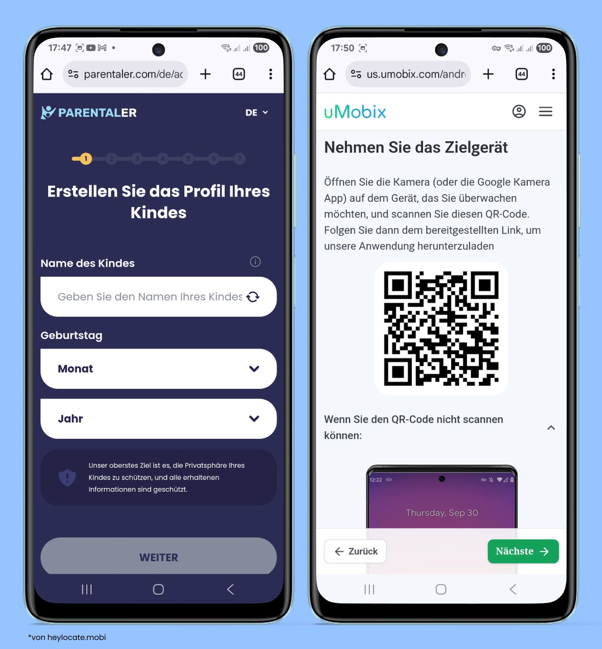 Demonstration möglicher Bildschirme auf Websites für elterliche Kontrolle während Registrierung und Installation.
