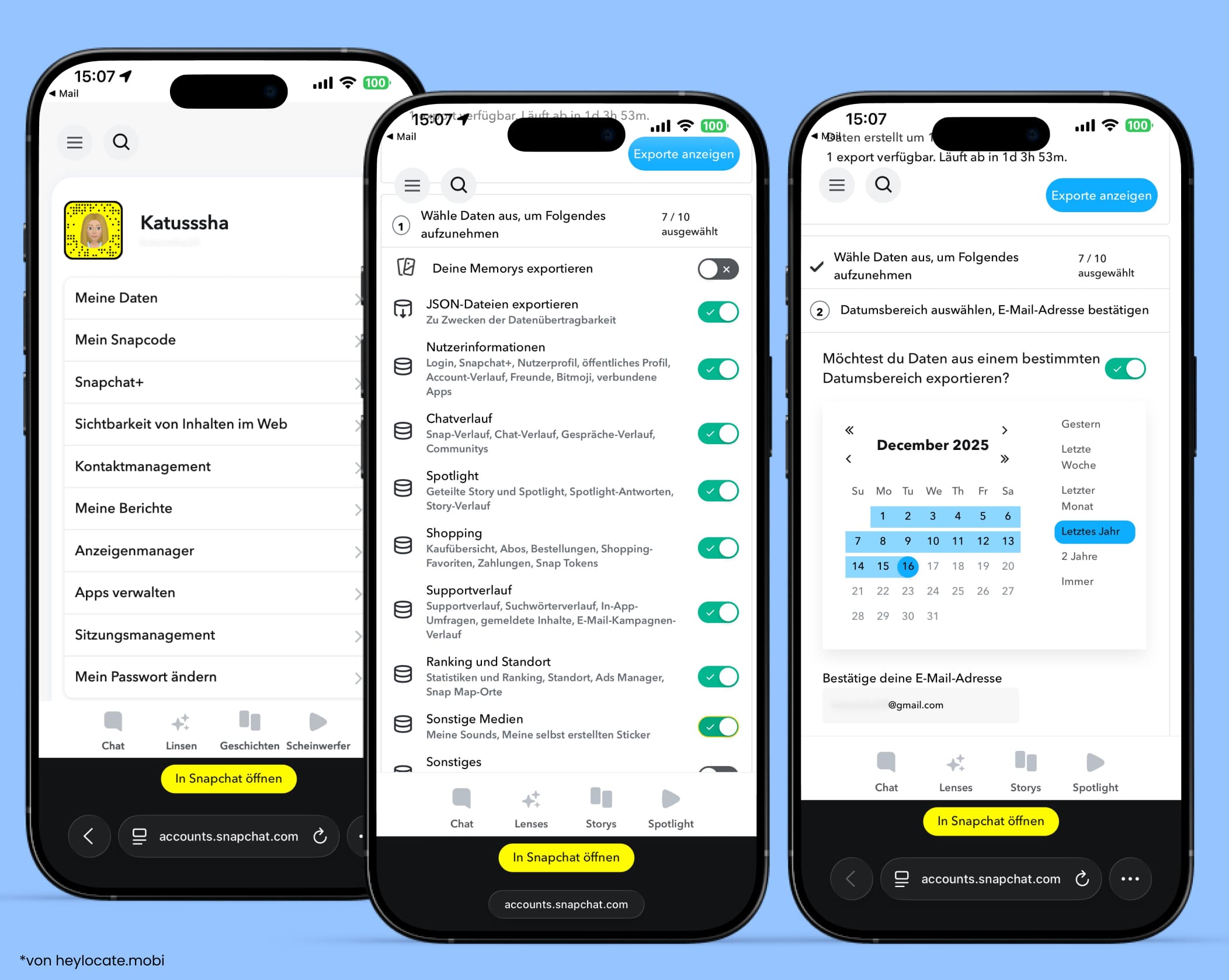 Auswahl von Daten und Zeitraum zum Herunterladen von Informationen aus dem Snapchat-Konto.