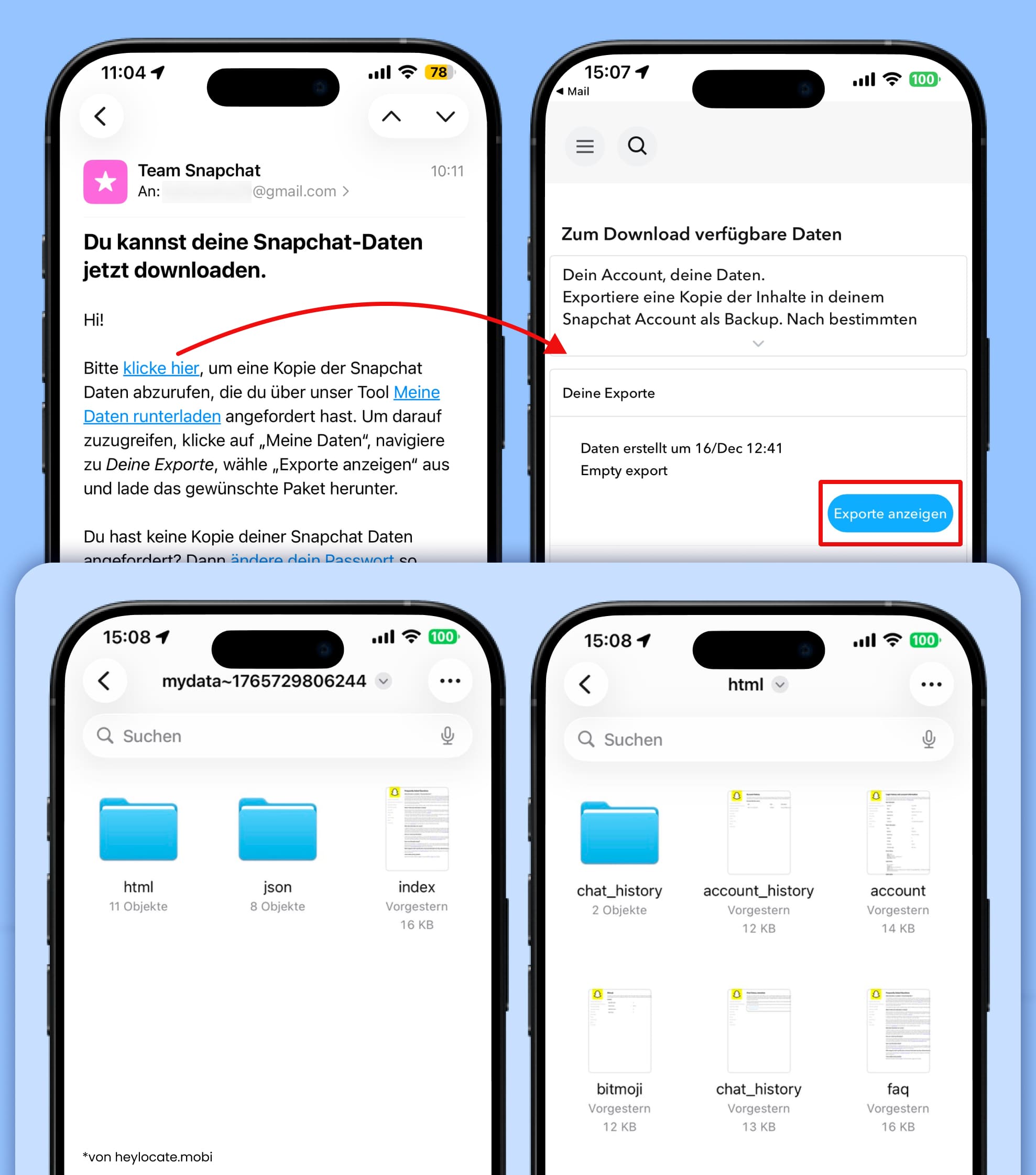 Schritt-für-Schritt-Vorgang zum Herunterladen von Snapchat-Daten aus einer E-Mail bis zum Öffnen des Archivs.