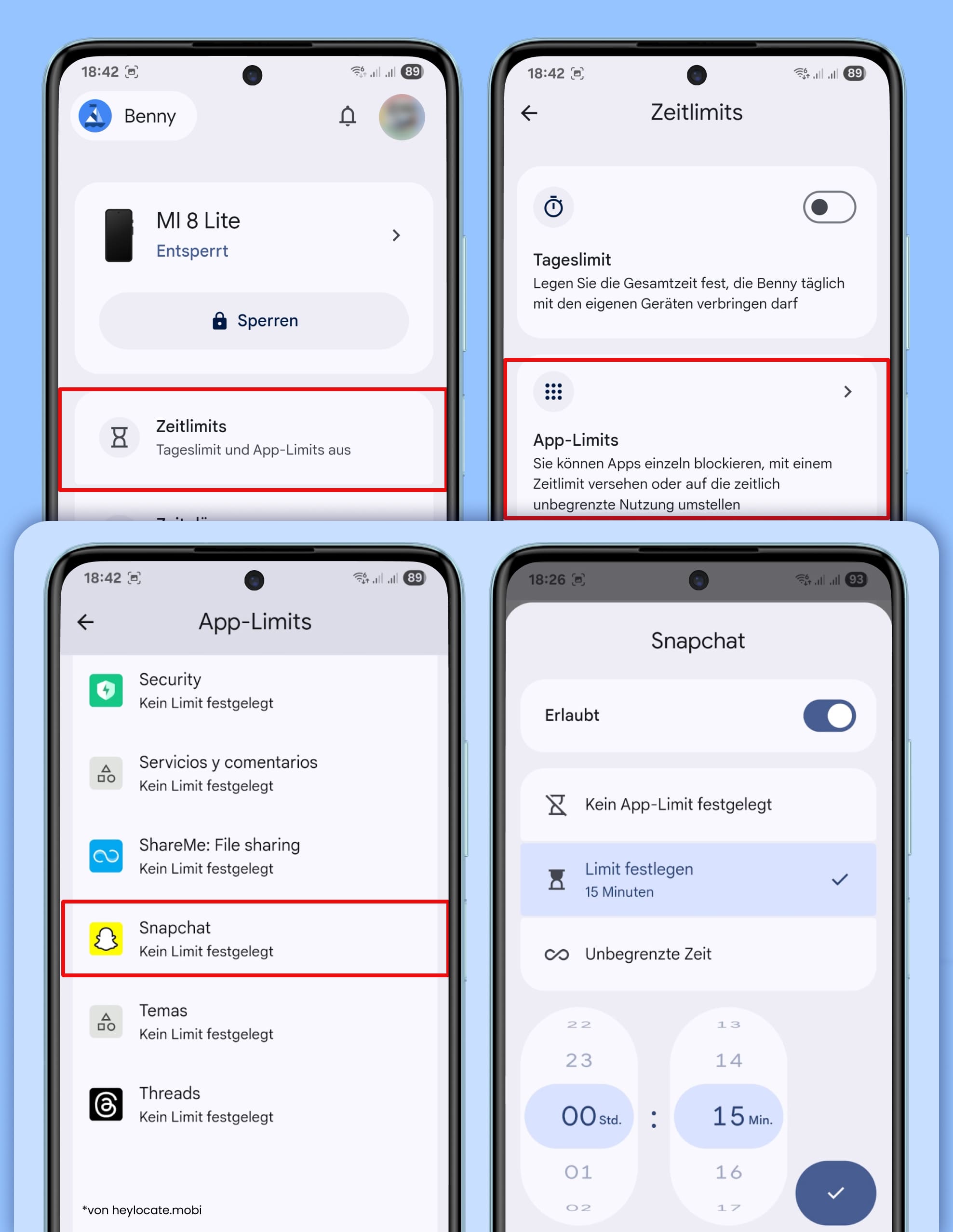 Festlegen von Zeitlimits und Blockieren von Snapchat.