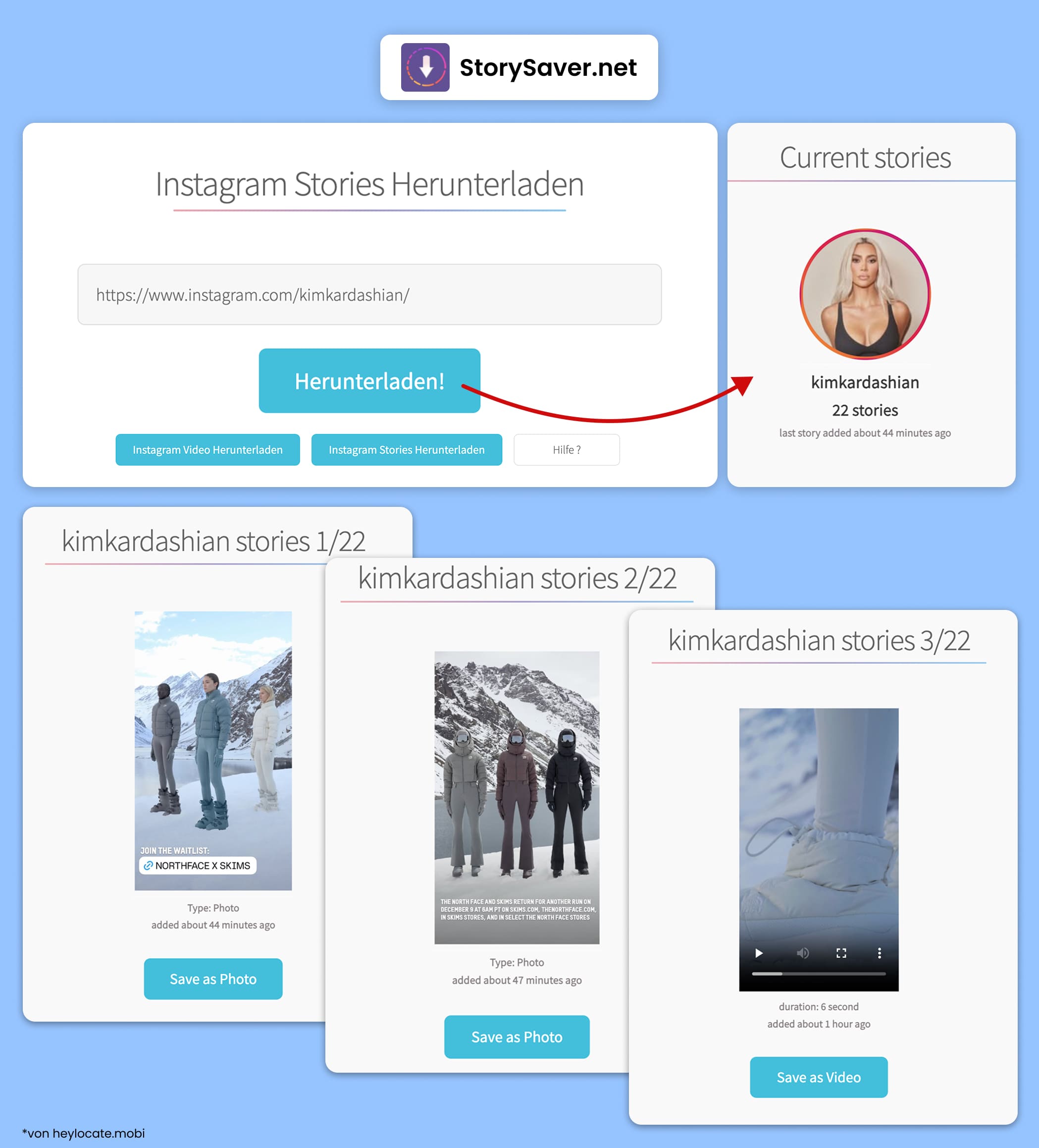 StorySaver.net-Oberfläche: Instagram-Link eingeben, aktuelle Stories ansehen und Fotos/Videos aus Account-Stories speichern.