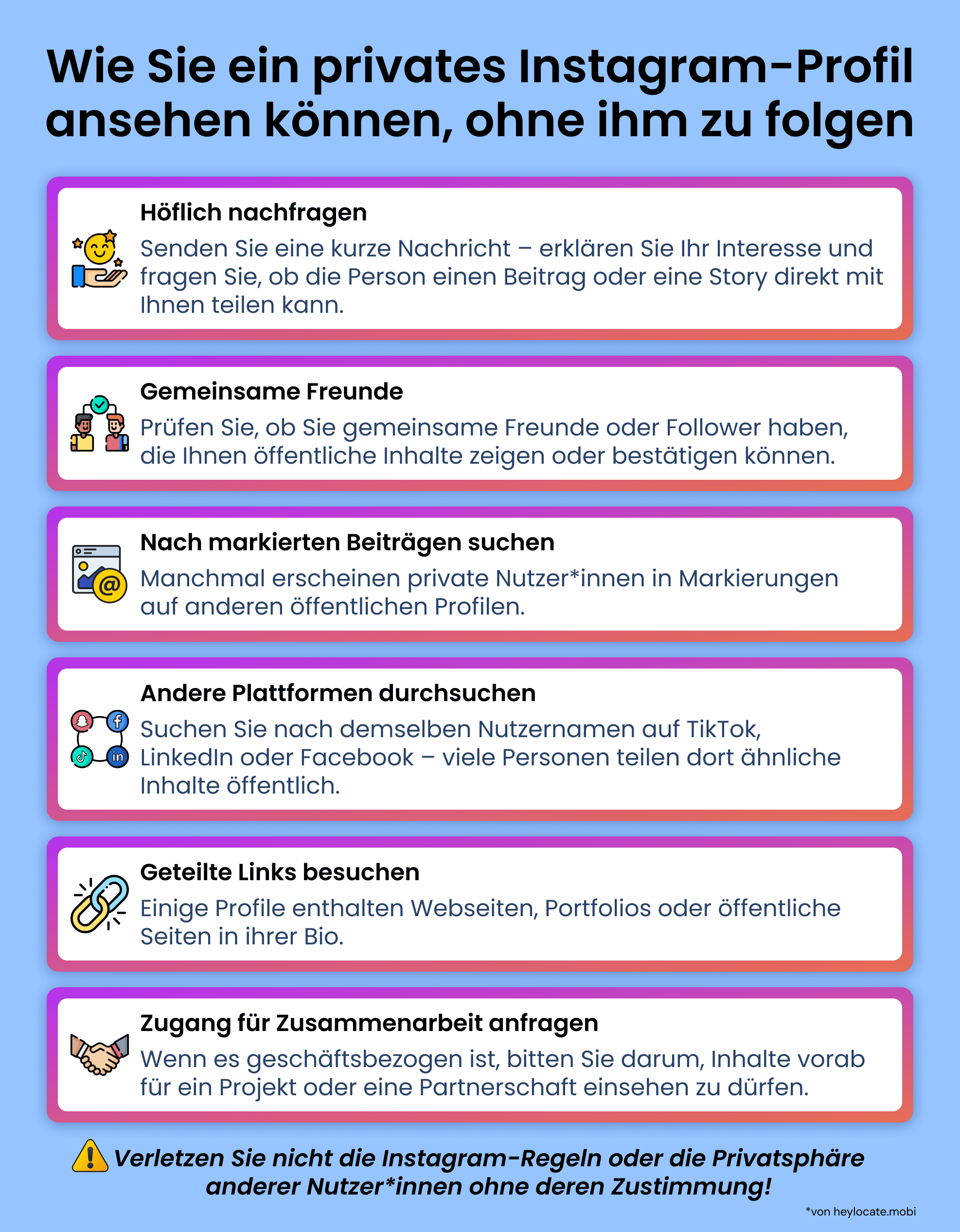 Infografik über sichere Möglichkeiten, private Instagram-Konten anzusehen, ohne der Person zu folgen.