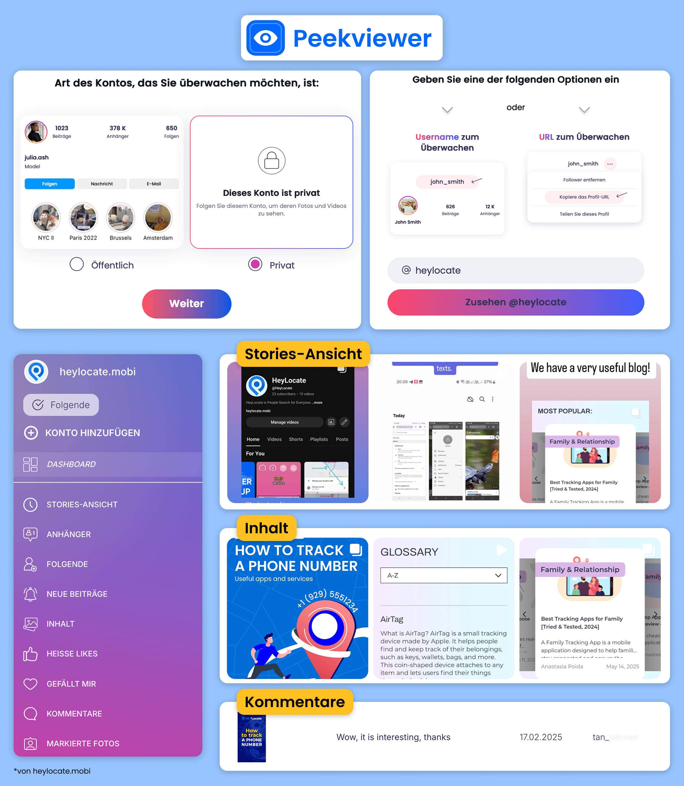 Peekviewer-Oberfläche mit Auswahl des Kontotyps, Eingabe des Benutzernamens, Seitenmenü sowie Blöcken für Stories, Inhalte und Kommentare usw.
