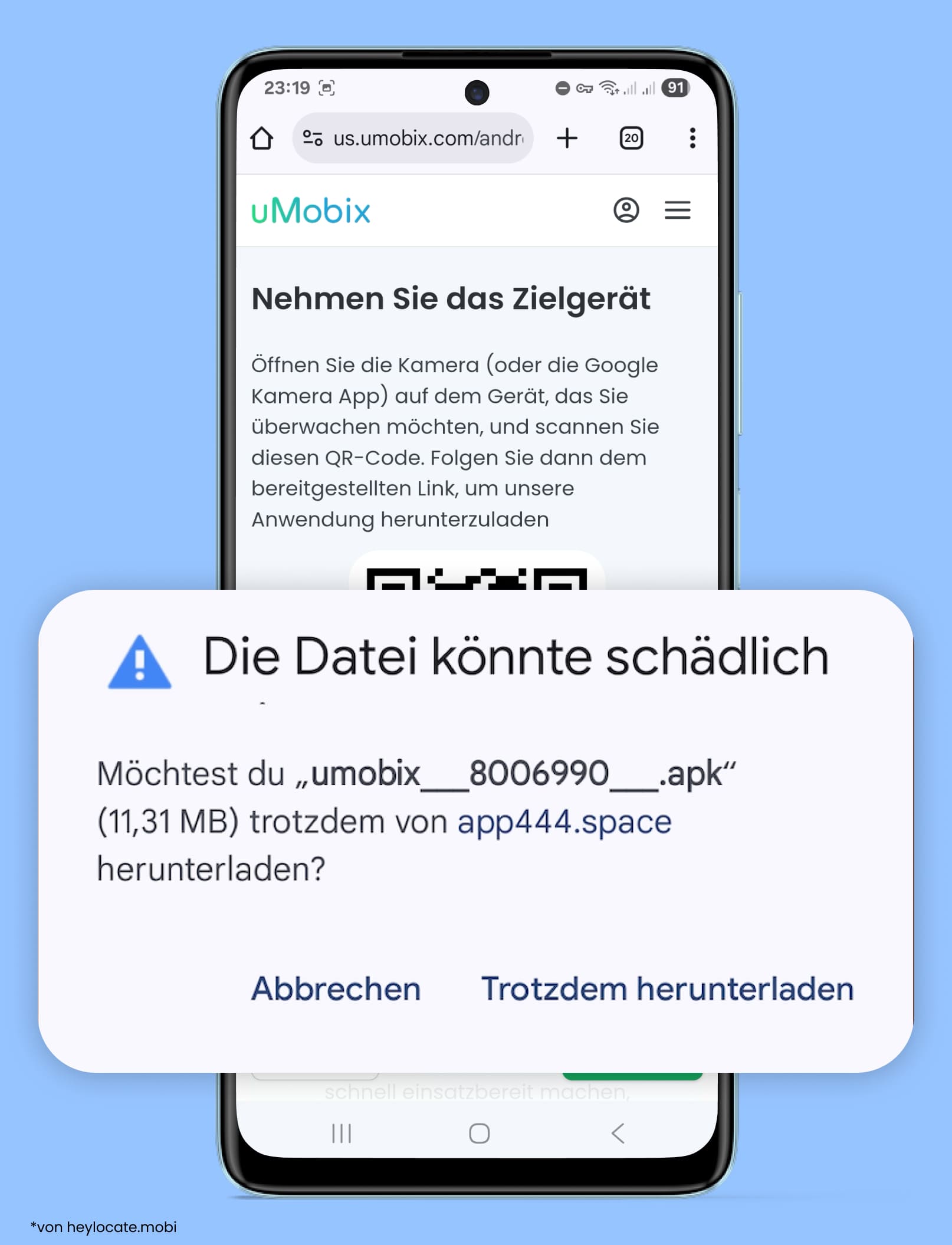 Installation der uMobix-App mit einem QR-Code und einer Warnung zum Herunterladen der APK-Datei.