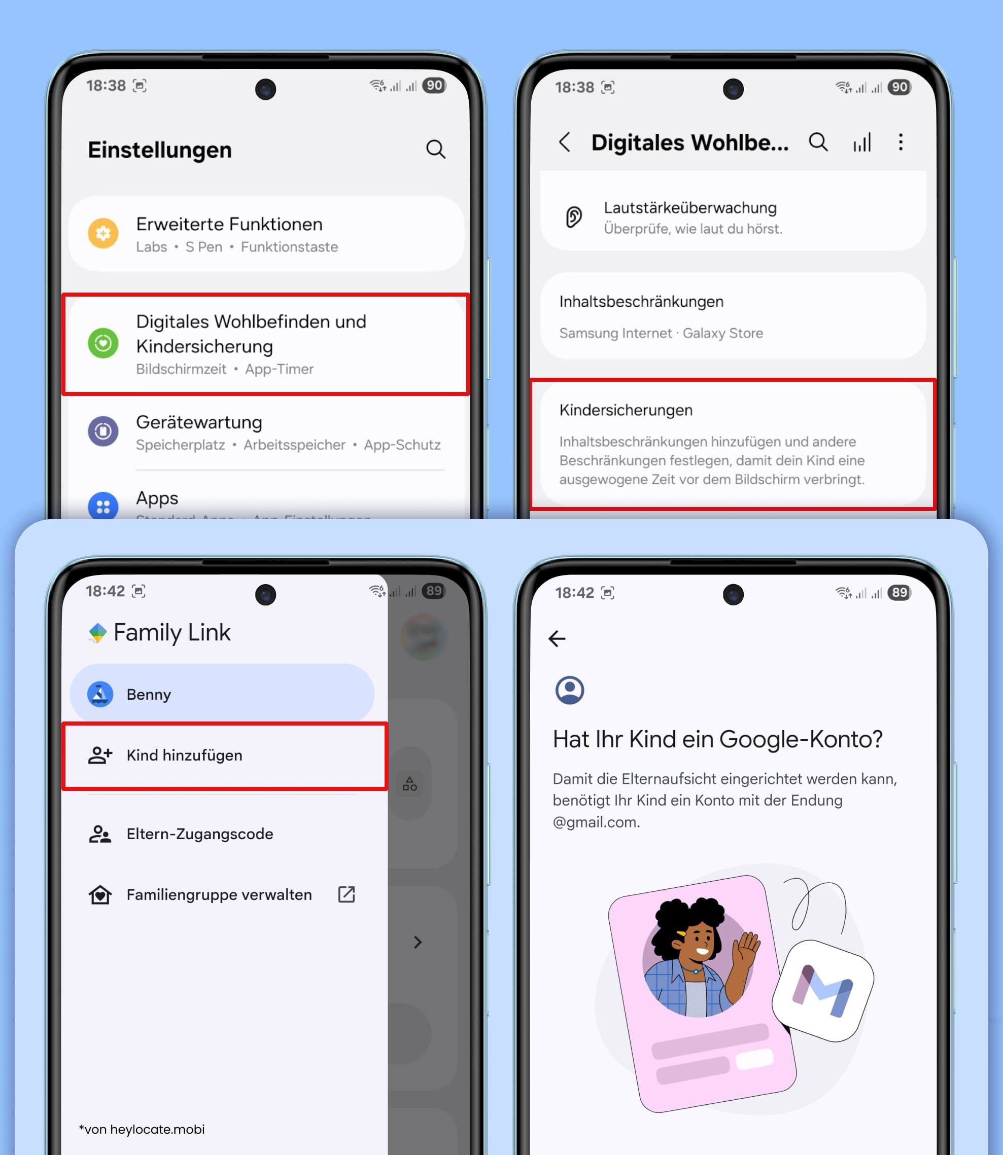 Öffnen Sie Einstellungen, gehen Sie zu Digitales Wohlbefinden und elterliche Kontrolle, wählen Sie Elterliche Kontrolle, tippen Sie in der Family-Link-App auf Kind hinzufügen und bestätigen Sie, dass Ihr Kind ein Google-Konto hat.