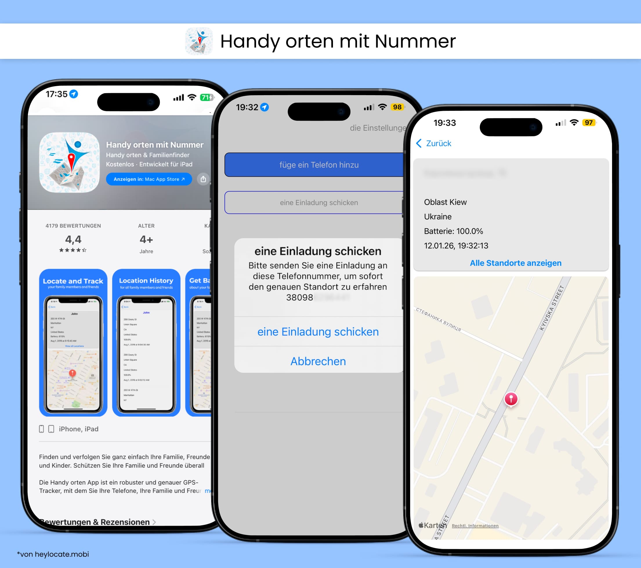 App installieren, Einladung senden und Ergebnisse mit Karte und Adresse anzeigen.