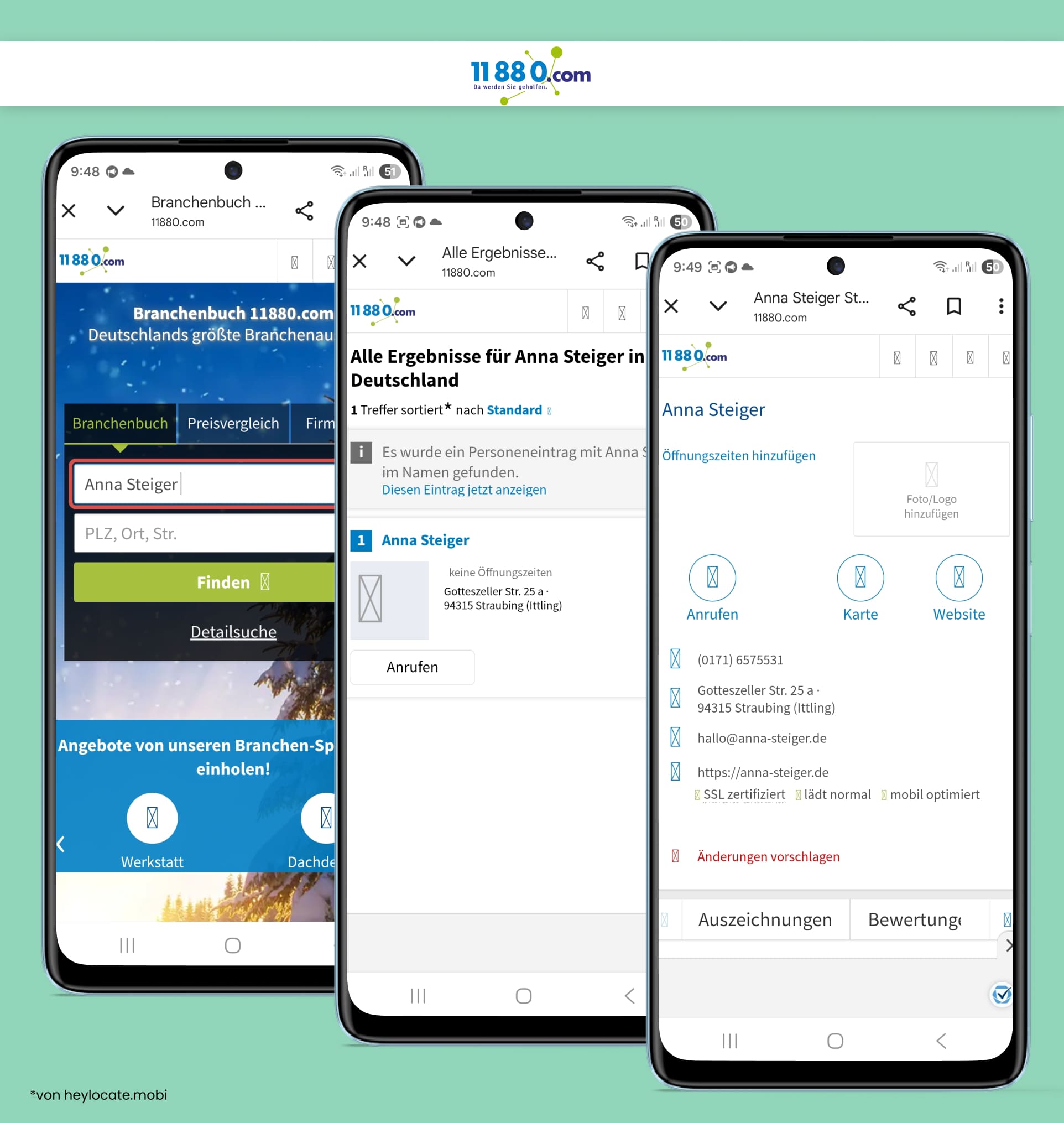 11880.com-Website mit einer Personenliste, Kontaktdaten, Adressinformationen und Anrufoptionen.