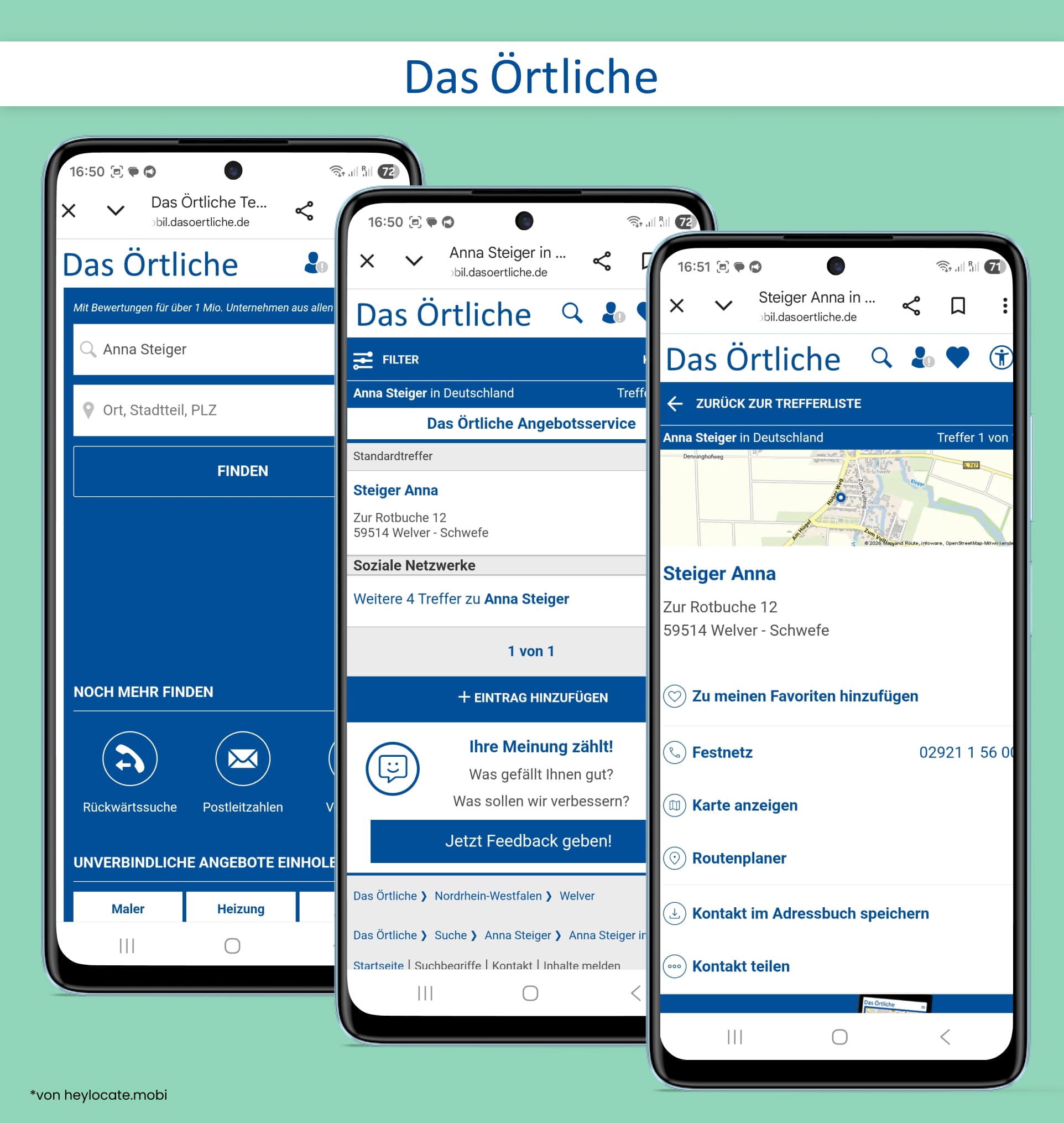 Website Das Örtliche mit Personensuchergebnissen, Adressdetails, Kontaktoptionen und Kartenansicht.