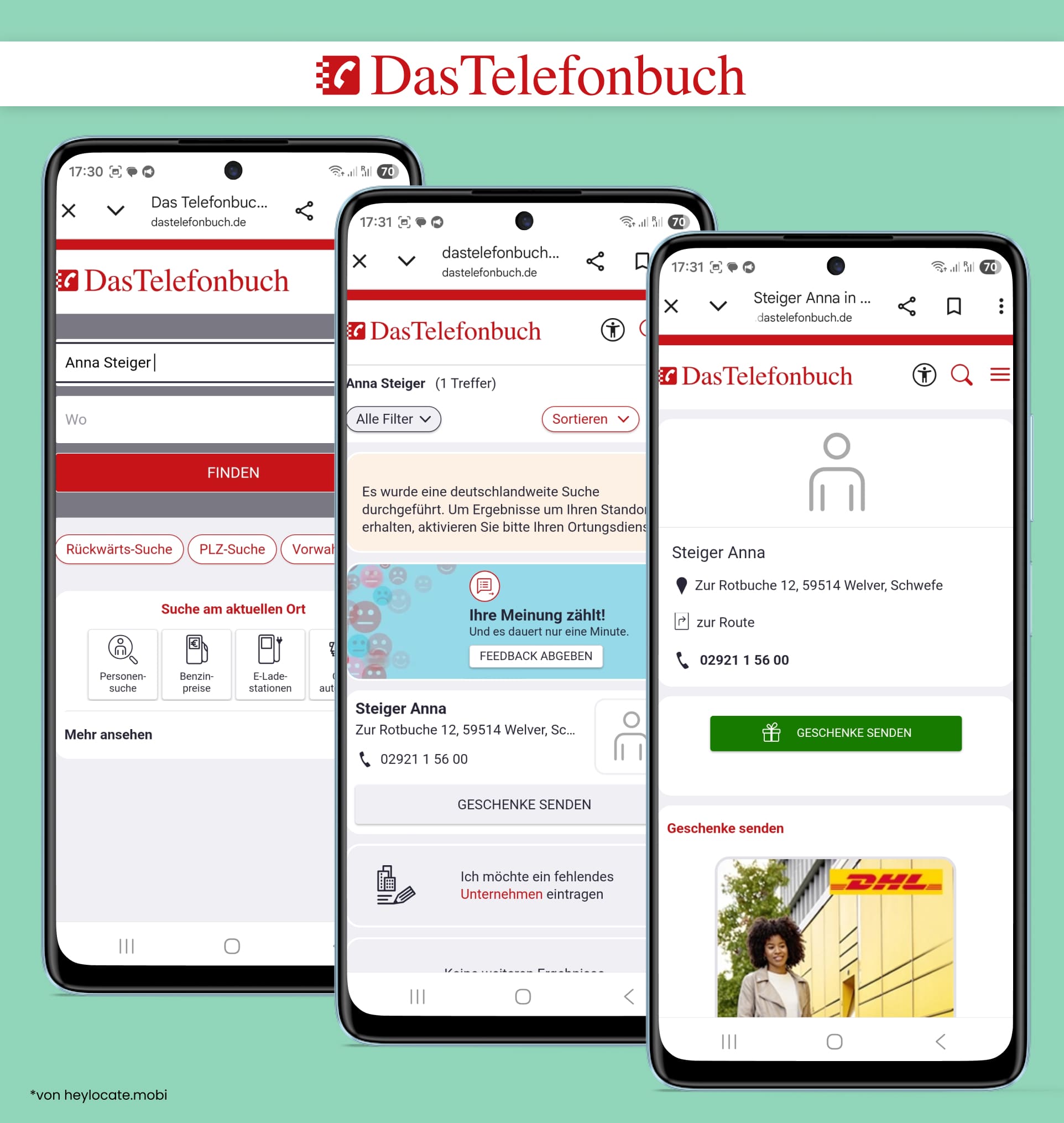 DasTelefonbuch-Website mit Suchergebnissen, Adressinformationen, Telefonnummer und zusätzlichen Kontaktoptionen.