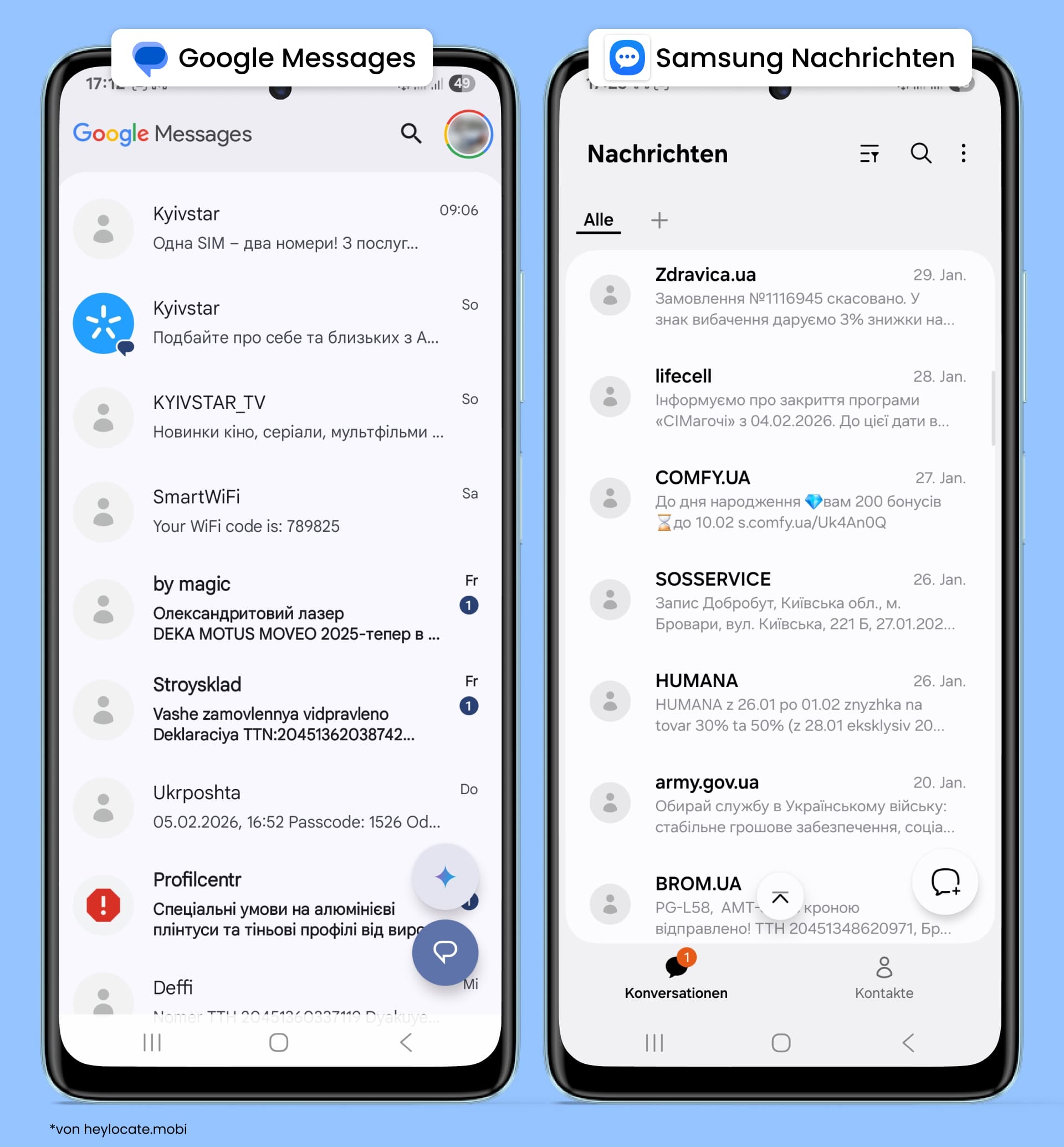 Demonstration, wie Firmennamen in Google Messages und Samsung Messages erscheinen können.