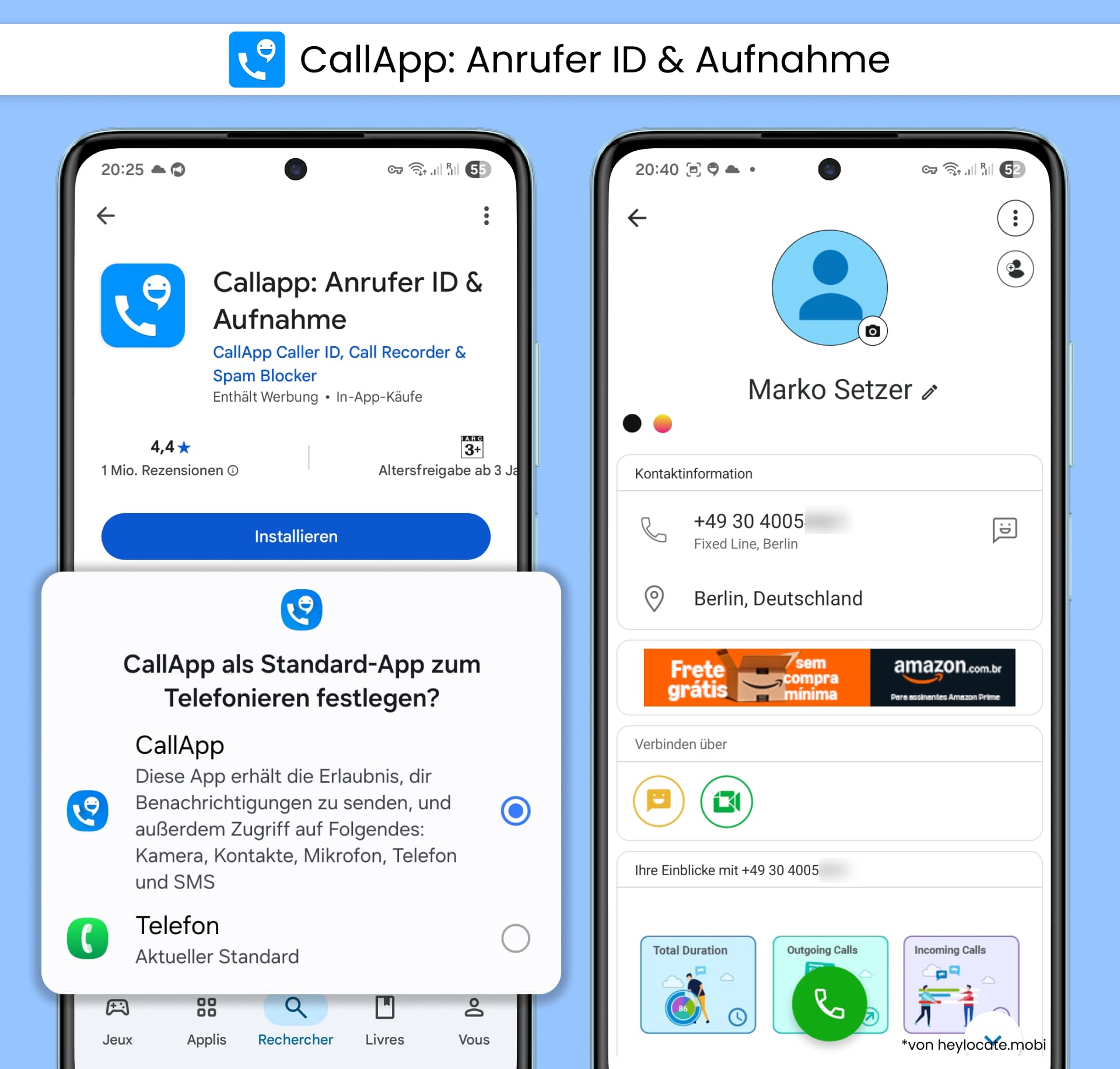 CallApp: Anrufer ID & Aufnahme zeigt ein Rückwärtssuchergebnis für eine Telefonnummer mit einem zugeordneten Profil.