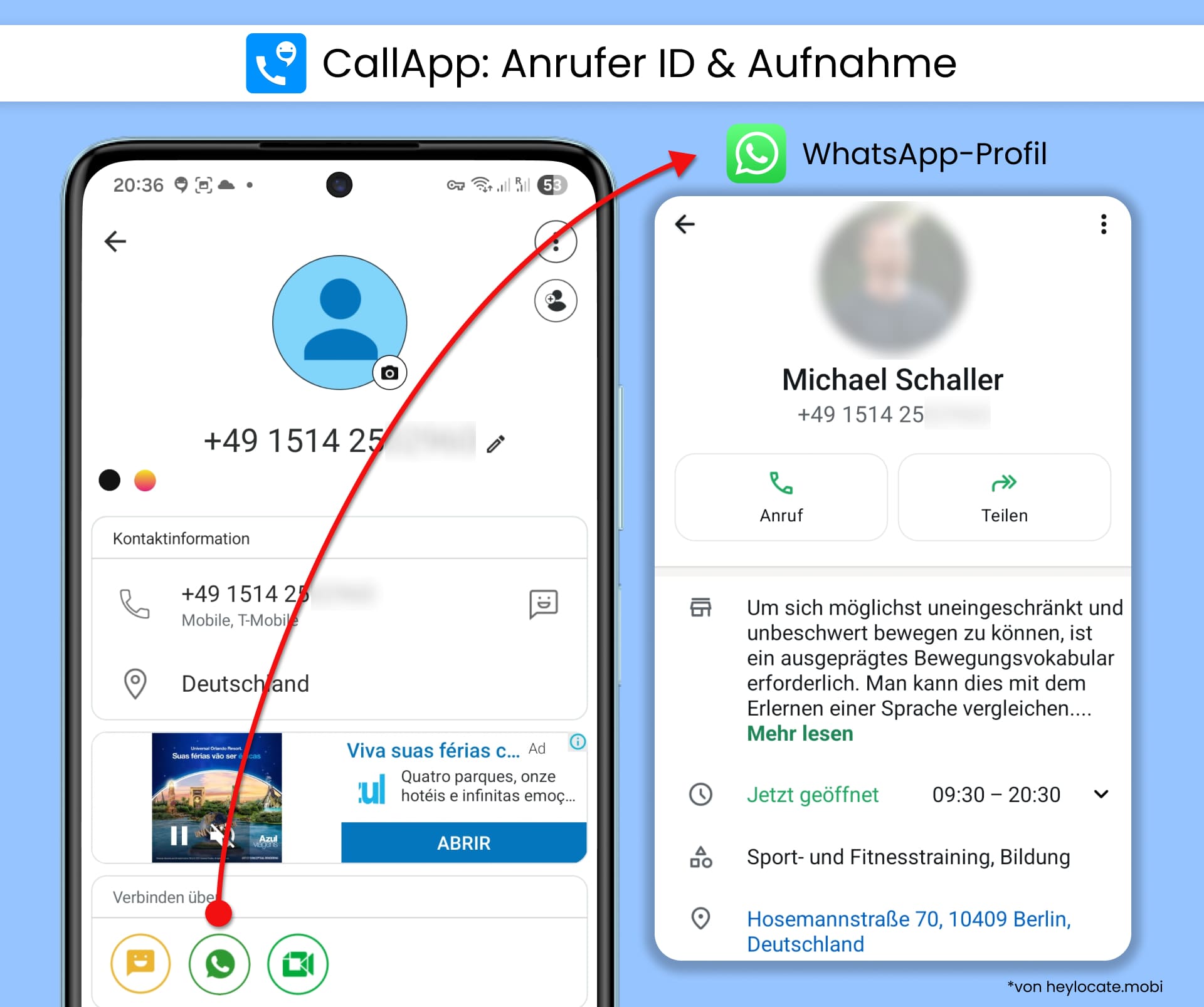 CallApp: Anrufer ID & Aufnahme zeigt ein Rückwärtssuchergebnis mit einem Link zum WhatsApp-Profil der Nummer.