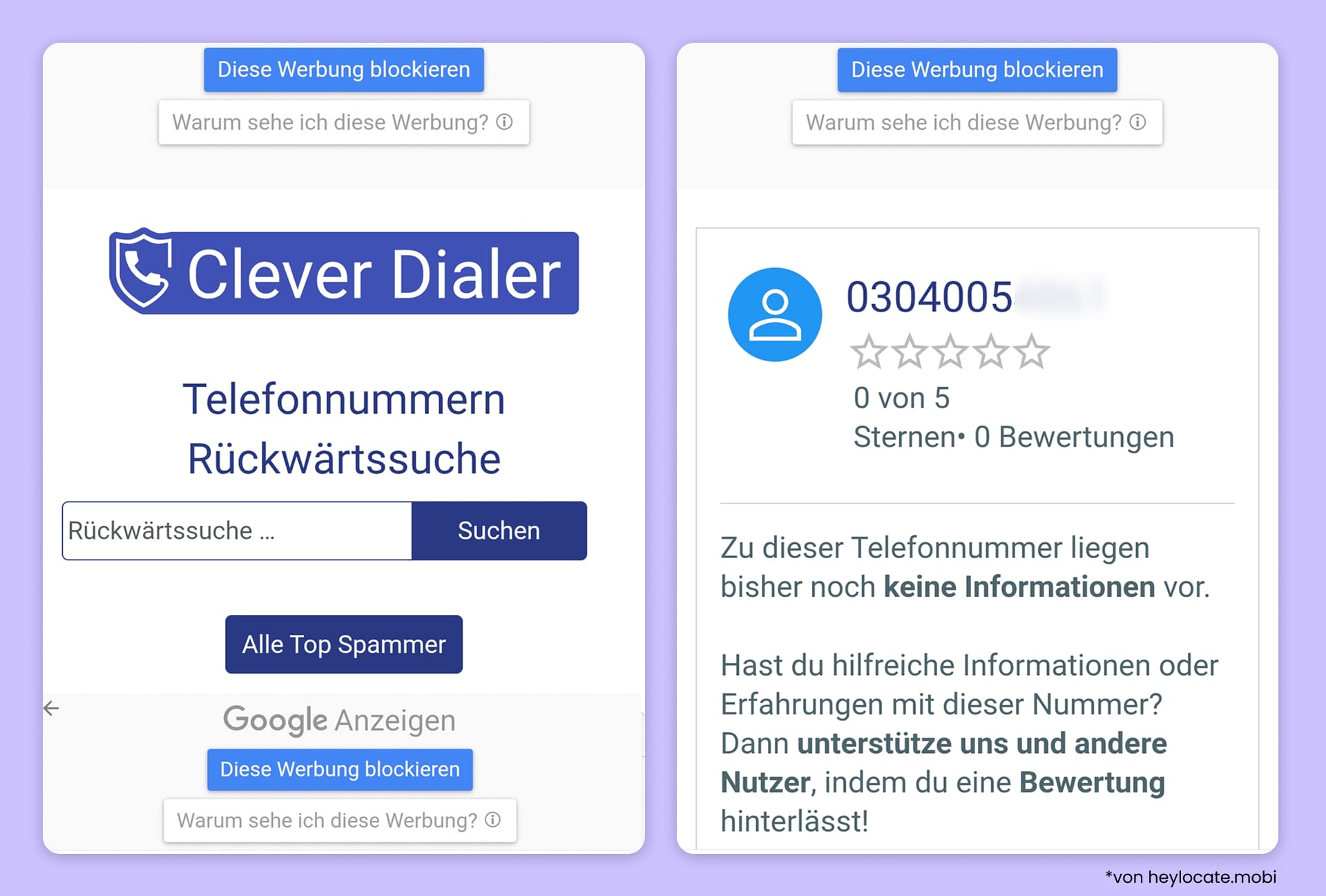 Clever Dialer zeigt eine Rückwärtssuche für eine Telefonnummer, zu der bisher noch keine Informationen oder Bewertungen vorliegen.