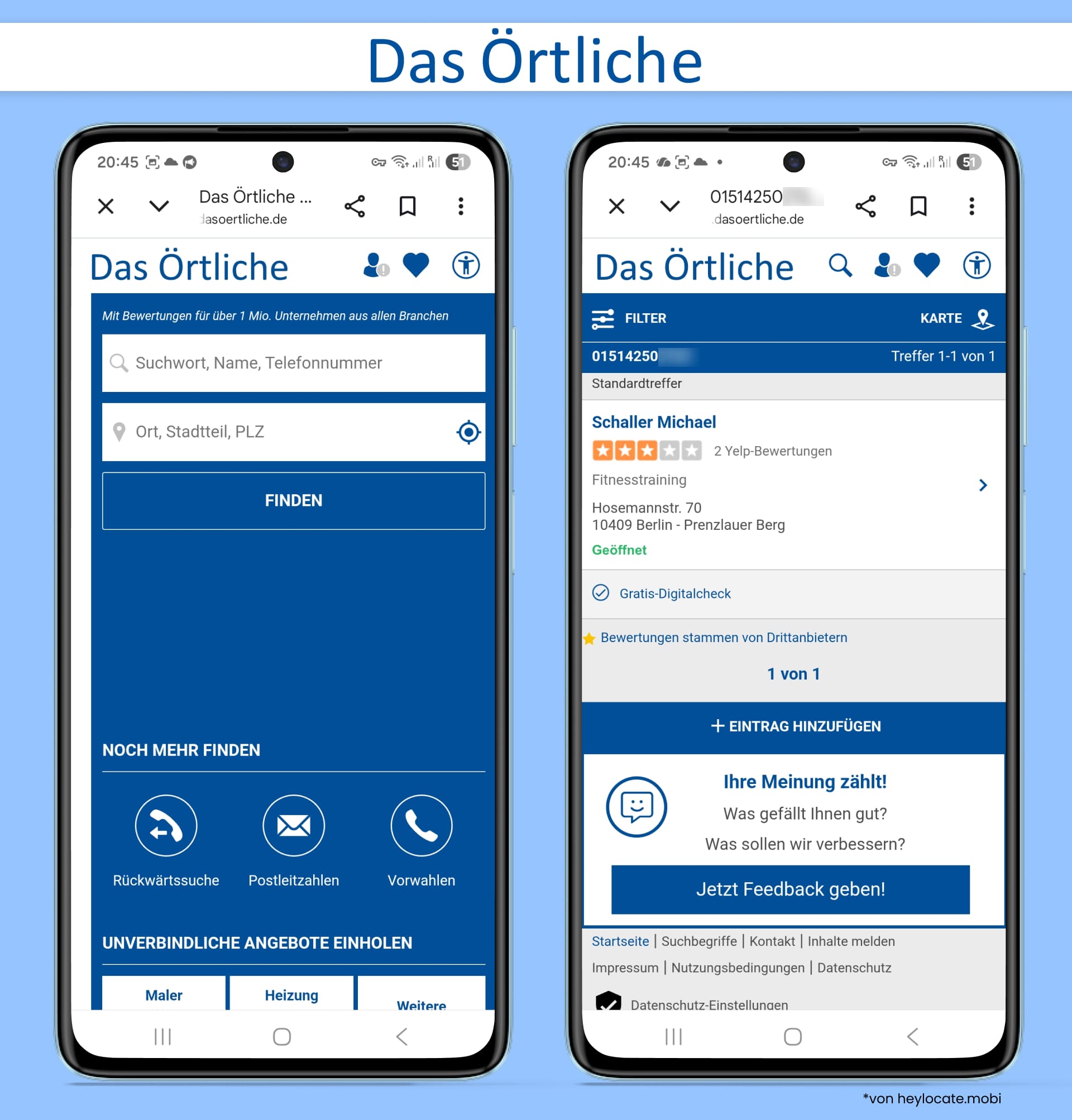 Das Örtliche zeigt ein Rückwärtssuchergebnis mit einem geschäftlichen Eintrag, der der gesuchten Nummer zugeordnet ist.