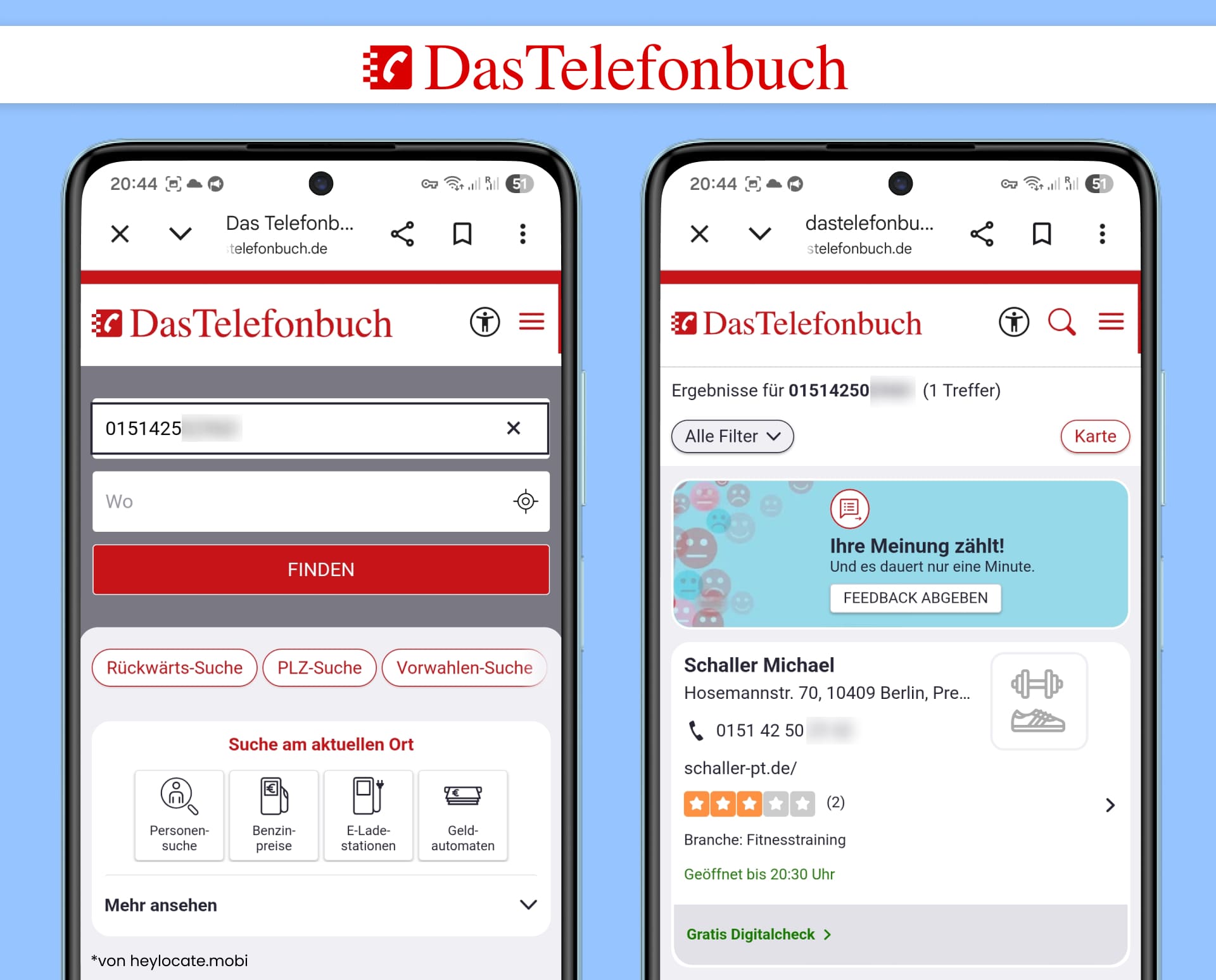 Das Telefonbuch zeigt eine Rückwärtssuche mit einem Suchergebnis für einen Eintrag, der der gesuchten Nummer zugeordnet ist.