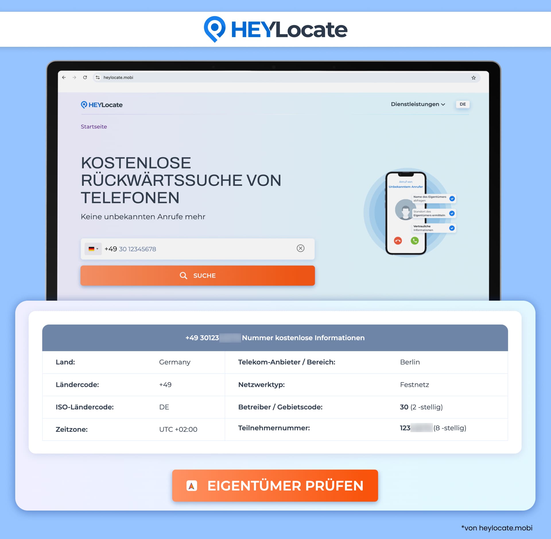 HeyLocate zeigt eine kostenlose Rückwärtssuche mit Informationen zu Land, Ortsnetz, Netztyp und Anbieter der gesuchten Nummer.