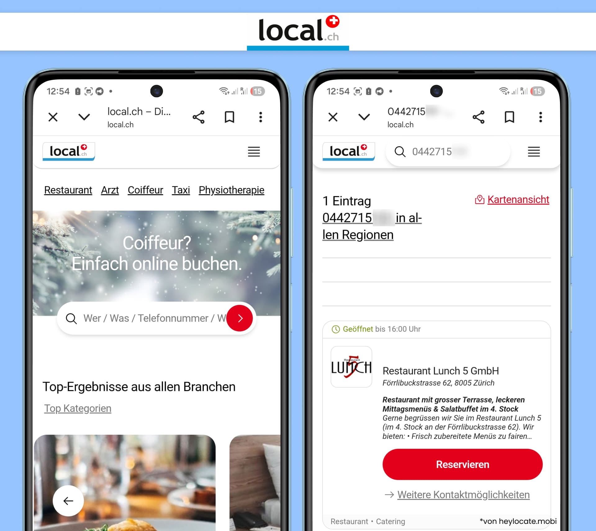local.ch zeigt einen Verzeichniseintrag für ein Restaurant, das der gesuchten Nummer zugeordnet ist.
