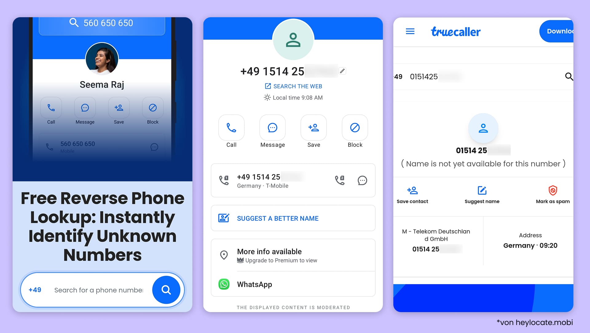 Truecaller zeigt eine Rückwärtssuche mit einem identifizierten Profil, einer Nummer ohne Namen und zusätzlichen Anrufinformationen.