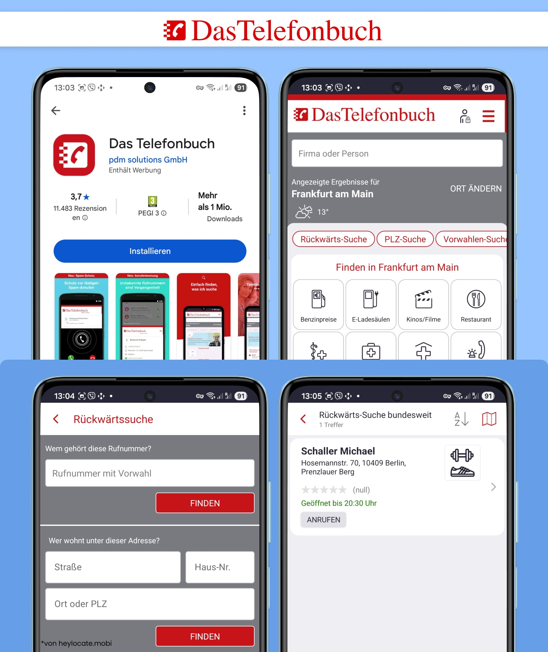 DasTelefonbuch Rückwärtssuche mit App-Ansicht, Eingabefeld für Rufnummern und Trefferseite mit Namen, Adresse.
