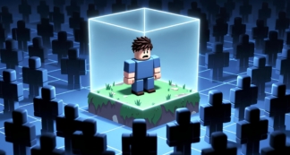Ein jugendlicher Held im Roblox-Stil, der auf einer kleinen, leuchtenden, sicheren Plattform inmitten einer dunklen digitalen Welt voller gefährlicher Gestalten steht