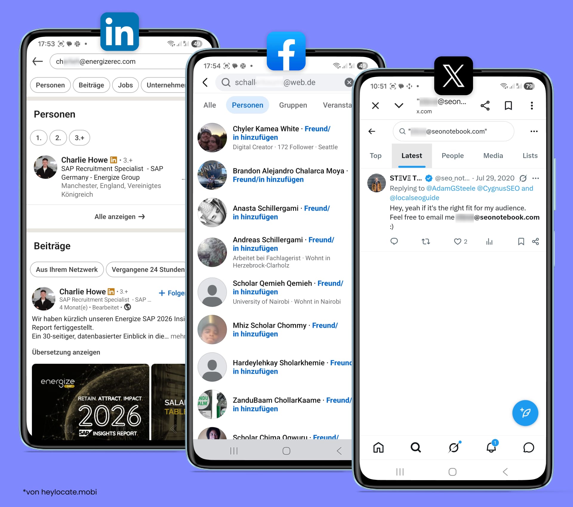 Die Suche nach einer E-Mail-Adresse auf LinkedIn, Facebook und X hilft dabei, passende Profile, öffentliche Erwähnungen und mögliche Hinweise auf die Identität zu finden.