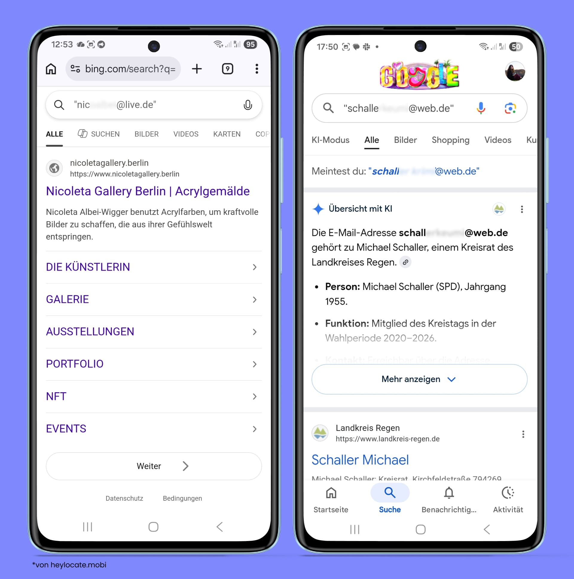 Bing- und Google-Suchergebnisse zu E-Mail-Adressen und Domains zeigen, wie öffentliche Erwähnungen, indexierte Seiten und Suchsichtbarkeit helfen können, Online-Verbindungen zu identifizieren.