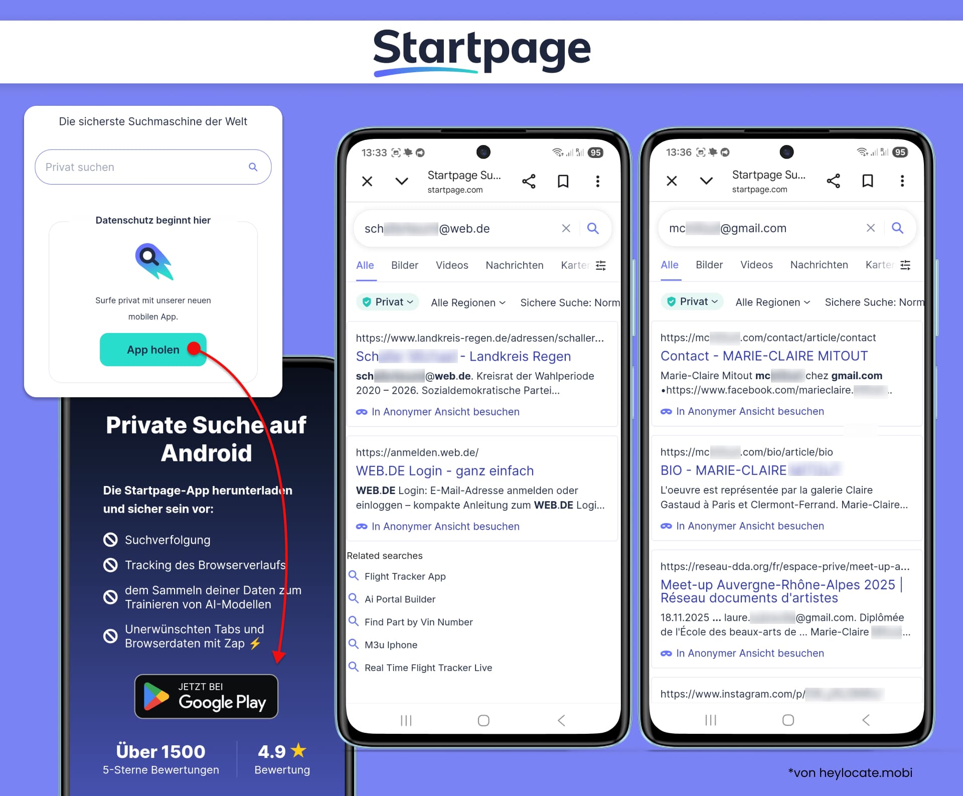 Startpage zeigt eine private Suche nach E-Mail-Adressen, bei der öffentliche Treffer wie Kontaktseiten, Profile und Erwähnungen gefunden werden.