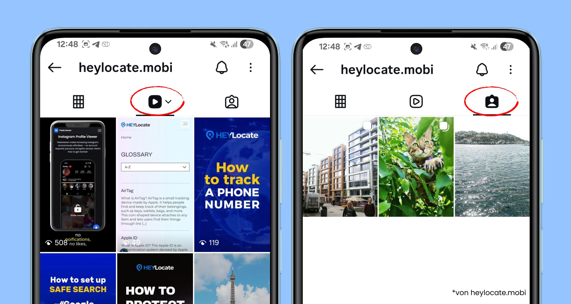 Die Profil-Tabs von Instagram zeigen, wo man Reels und markierte Beiträge prüfen kann, um Inhalte zu finden, die nach dem Ablauf von Stories weiterhin verfügbar sein können.