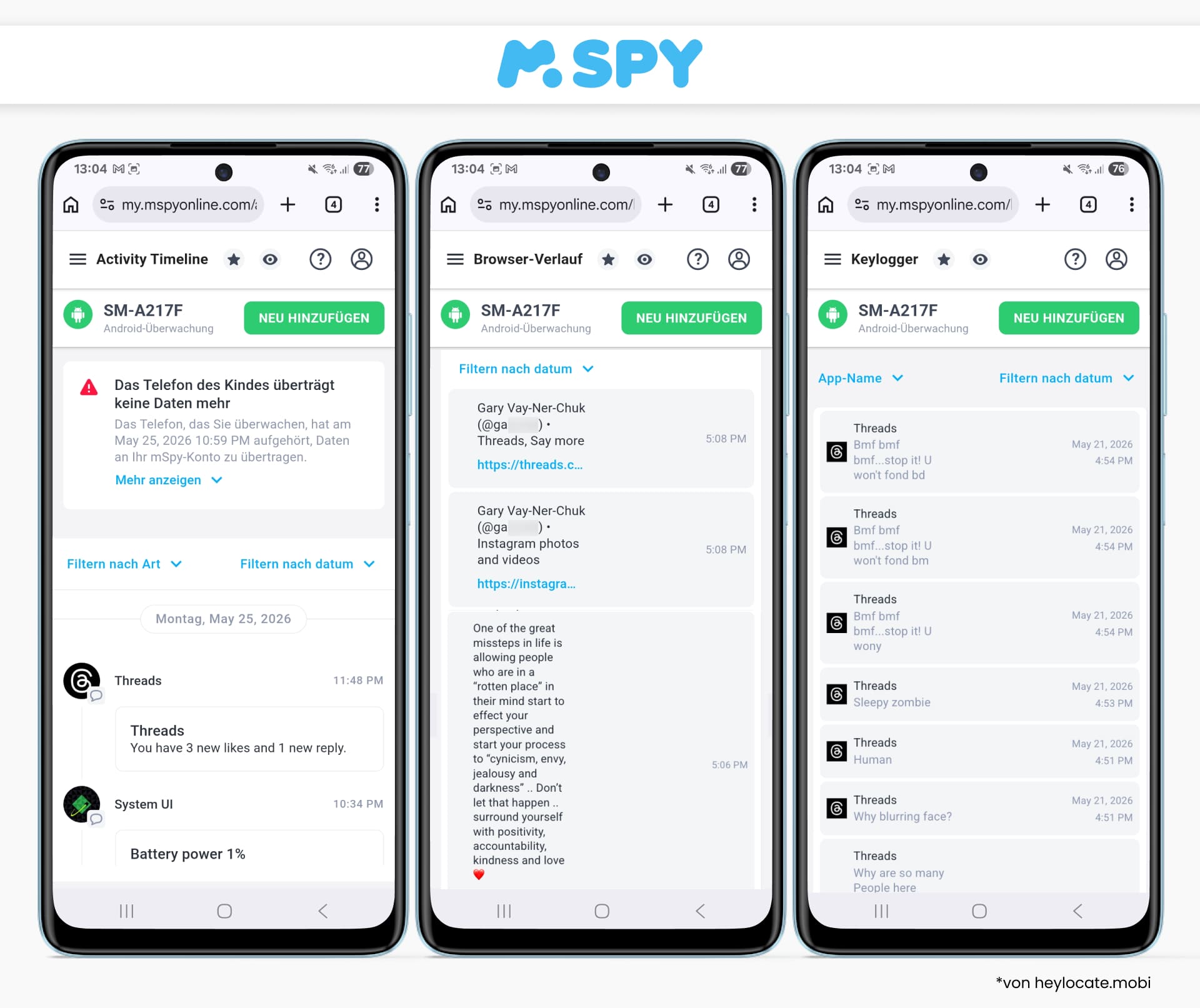 mSpy zeigt Threads-Aktivitäten, Browserverlauf und Keylogger-Daten und demonstriert damit eine überwachungsbasierte Möglichkeit, Threads-Aktivitäten anonym anzusehen.