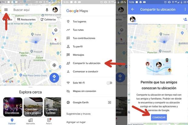 Cambiar al menú de Google Maps, pestaña Compartir ubicación