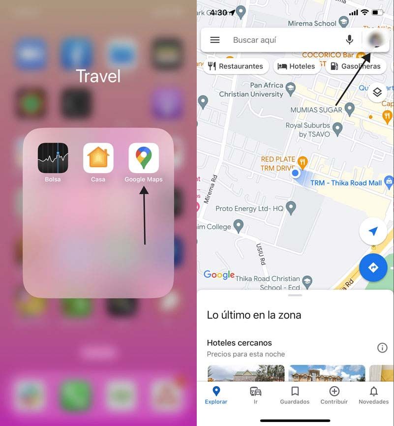 Rastrear un iPhone a través de Google Maps móvil capturas de pantalla pasos 1-2