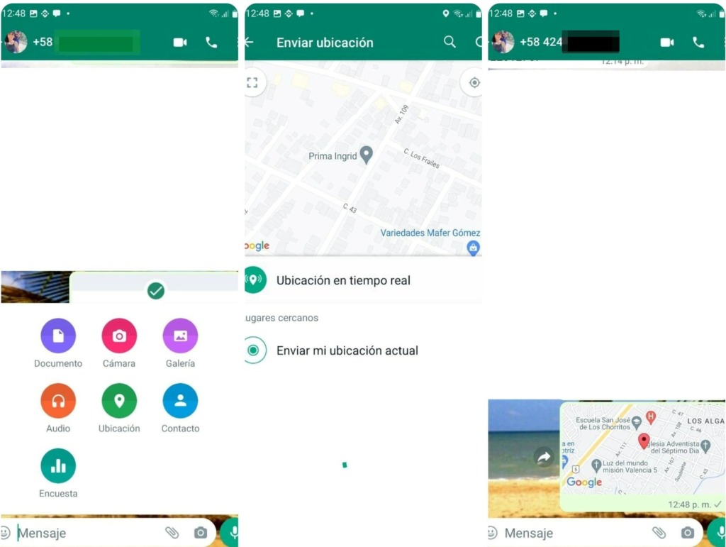 Capturas de pantalla de los pasos para compartir tu ubicación en WhatsApp