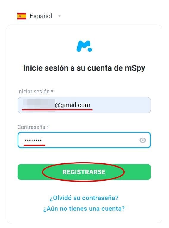acceder a su cuenta introduciendo su correo electrónico y contraseña mspy