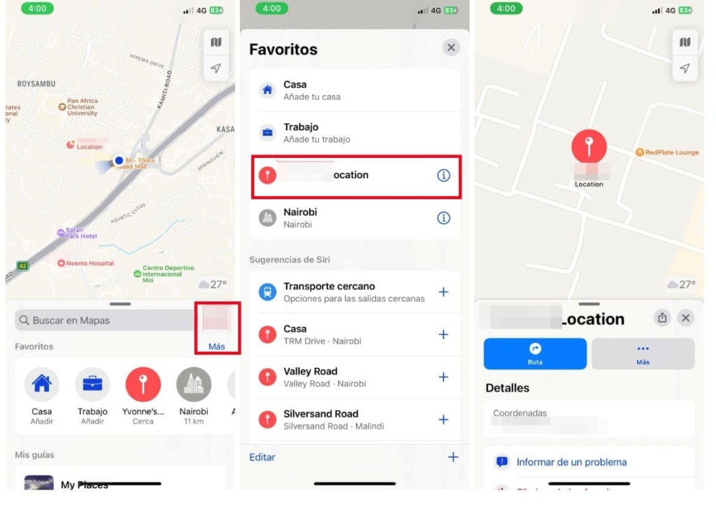 capturas de pantalla de la aplicación con marcas de la ubicación aproximada y exacta del niño en el mapa y una lista de funciones favoritas