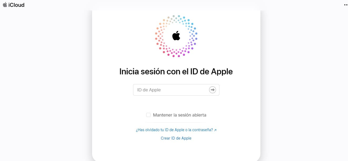 Pantalla para iniciar sesión en iCloud
