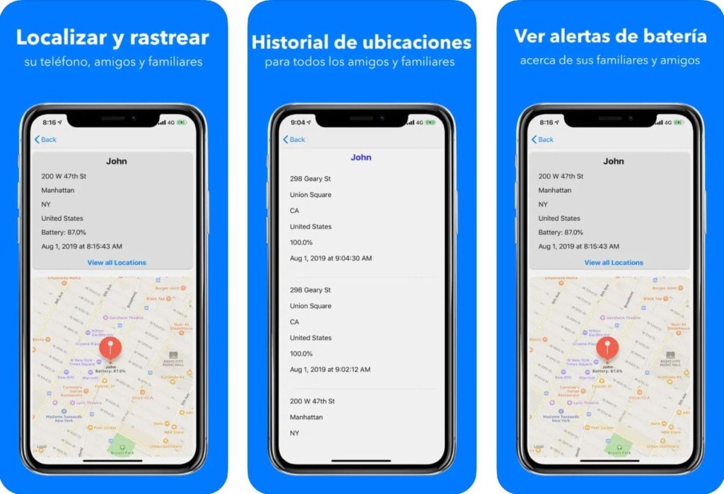 Tres capturas de pantalla de Phone Tracker By Number-Family Locatorr instalación y marca en el mapa