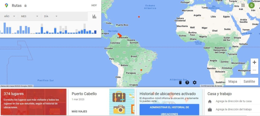 Pantalla para ver el historial de ubicaciones en Google Maps