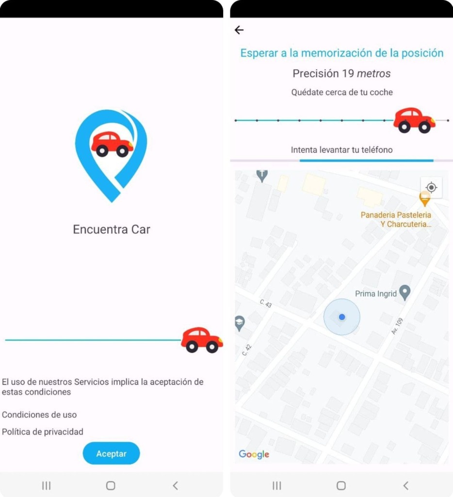 Dos capturas de pantalla de Encuentra el coche aparcado en funcionamiento y marcando el coche en el mapa