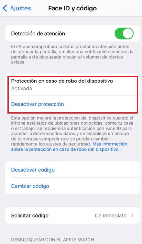 Una imagen de cómo activar la protección contra dispositivos robados en el iPhone