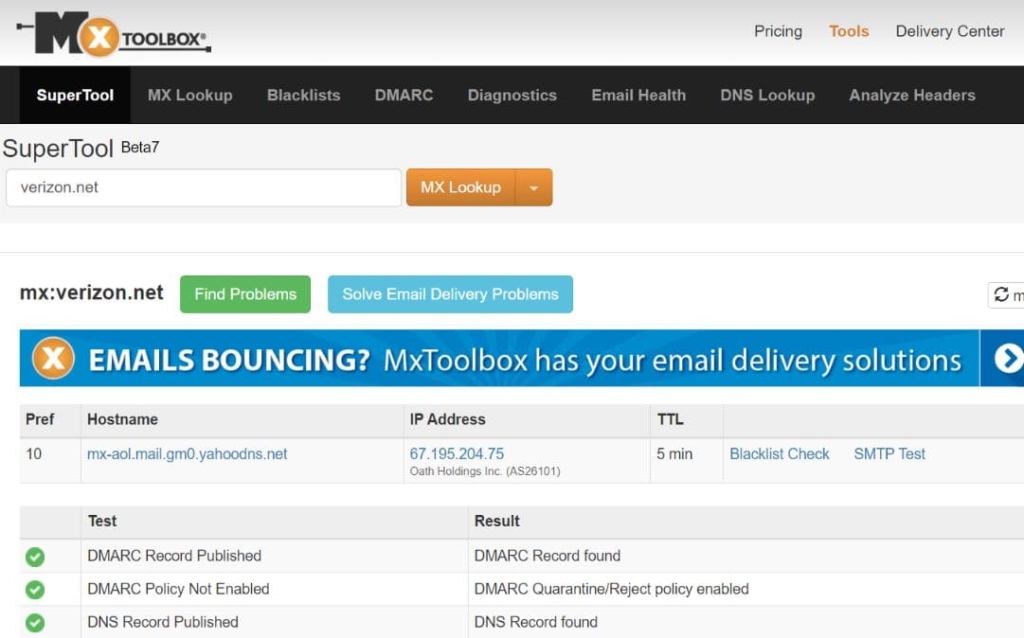 Mxtoolbox mostrando los resultados de búsqueda de su dominio
