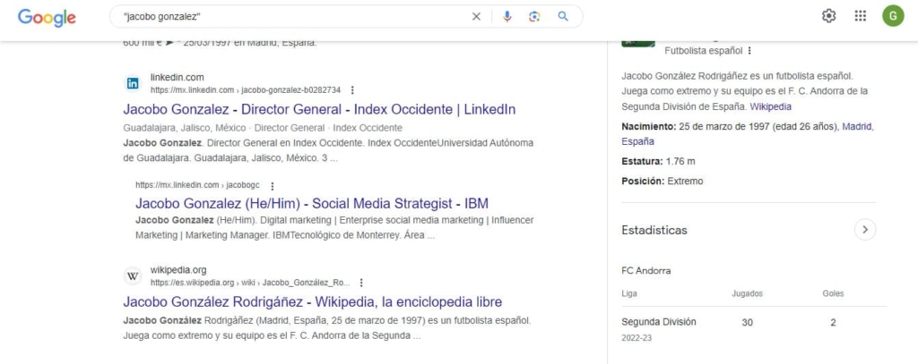 Resultado de la búsqueda en Google del nombre Jacobo González