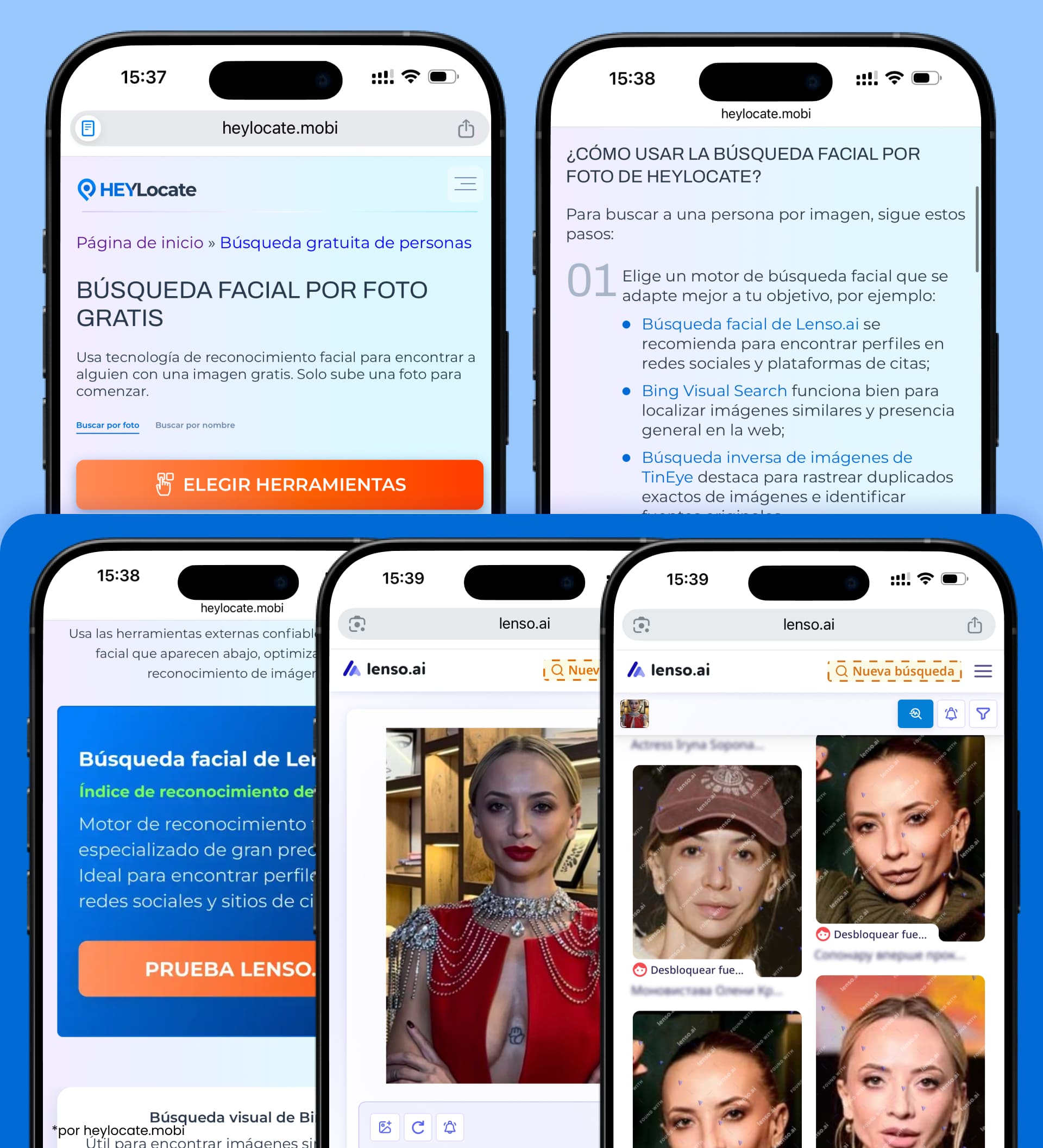Búsqueda facial por foto en HeyLocate que muestra cómo elegir una herramienta, subir una foto y obtener coincidencias reales desde un servicio externo de búsqueda facial.