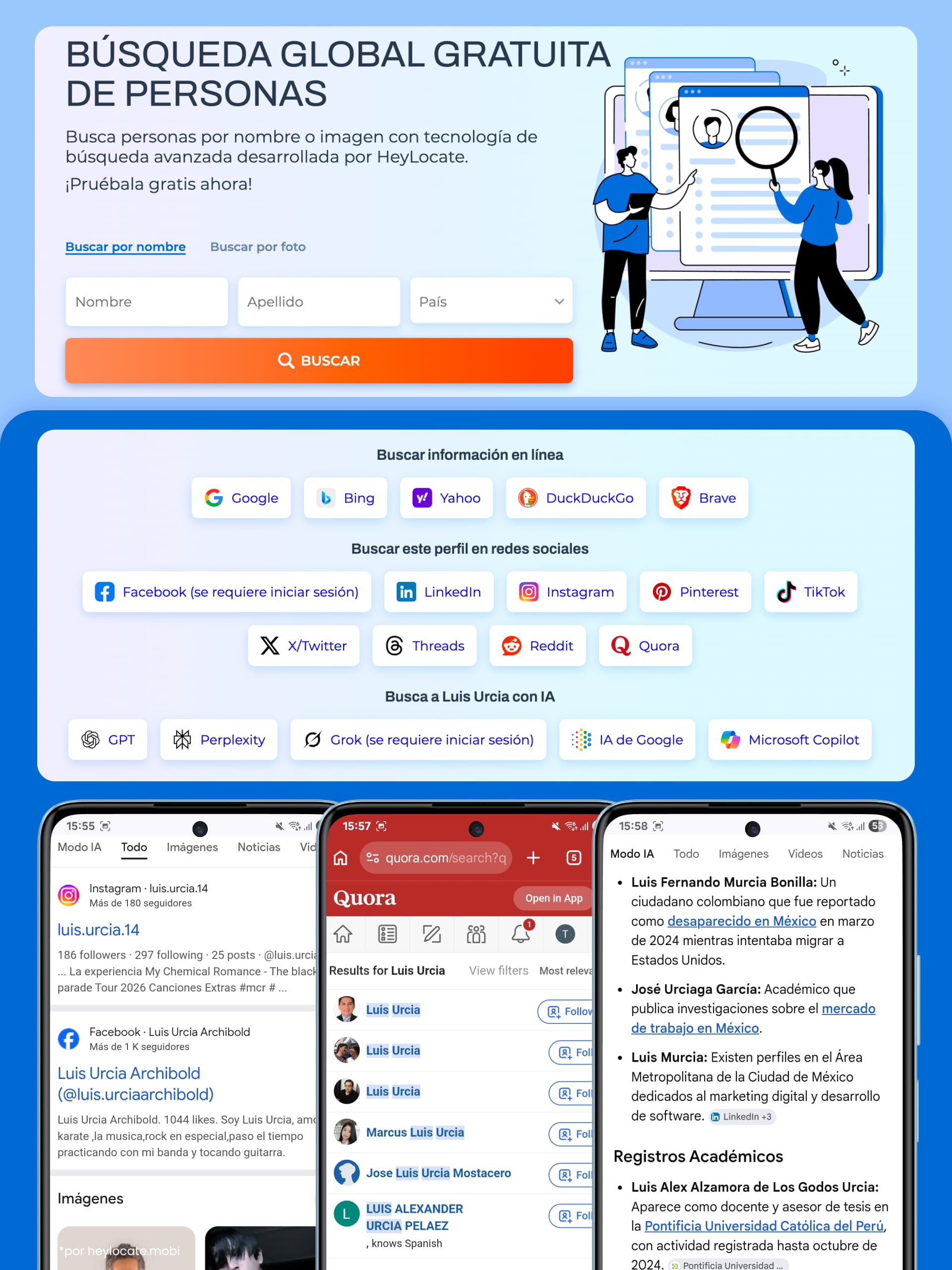 Búsqueda global de personas en HeyLocate con búsqueda por nombre, resultados con enlaces a búsqueda web, plataformas de redes sociales y herramientas de IA para encontrar información de perfiles públicos.