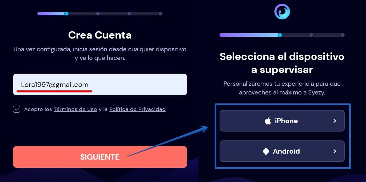 Introducir un correo electrónico y seleccionar un tipo de dispositivo