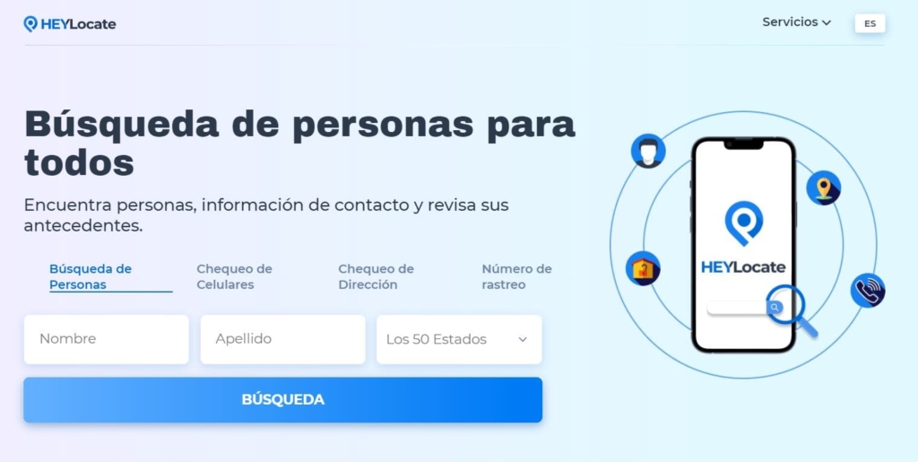 Vista de la página web oficial de HeyLocate donde puedes ingresar los datos de la búsqueda