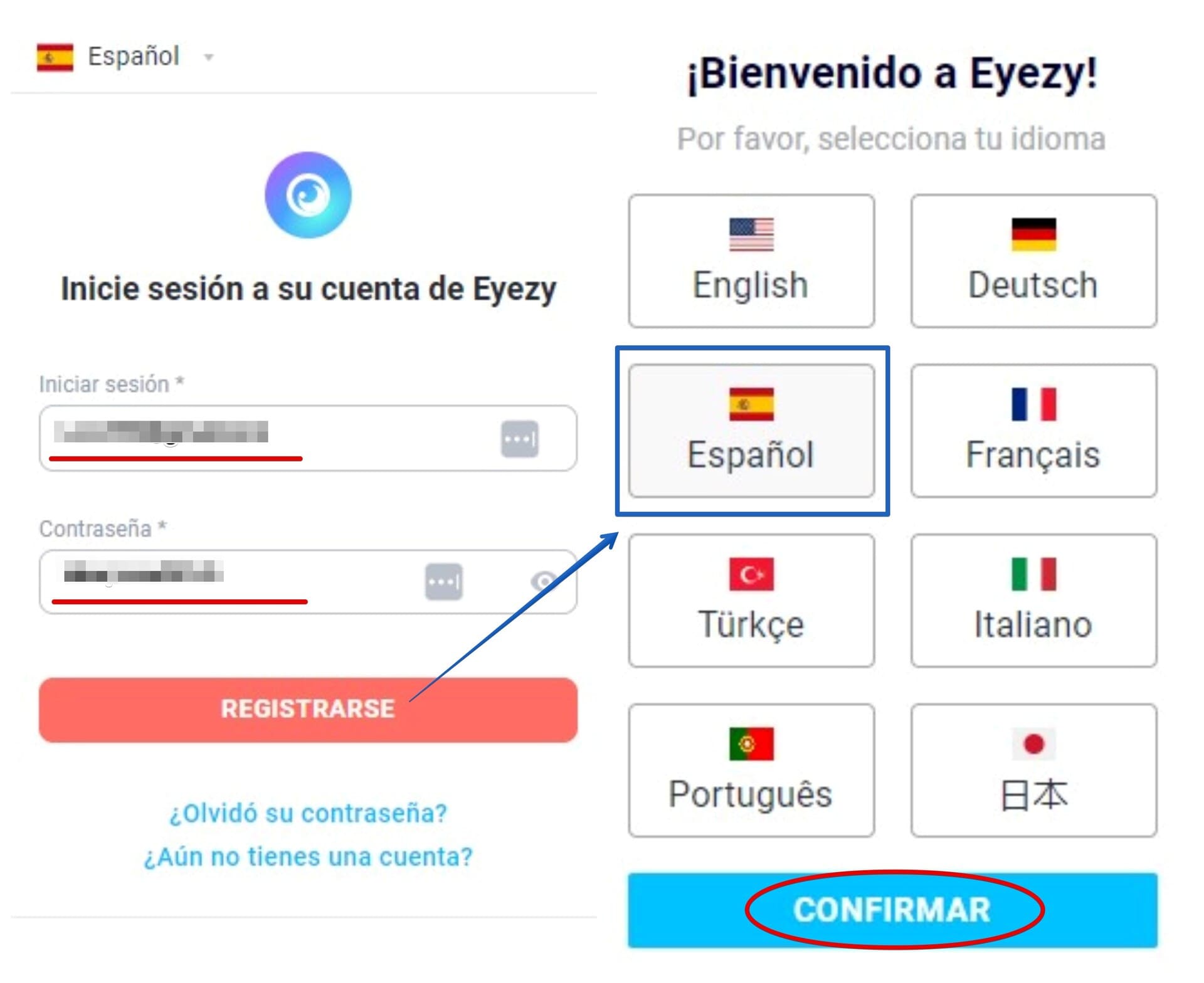 Acceda a su cuenta y elija un idioma